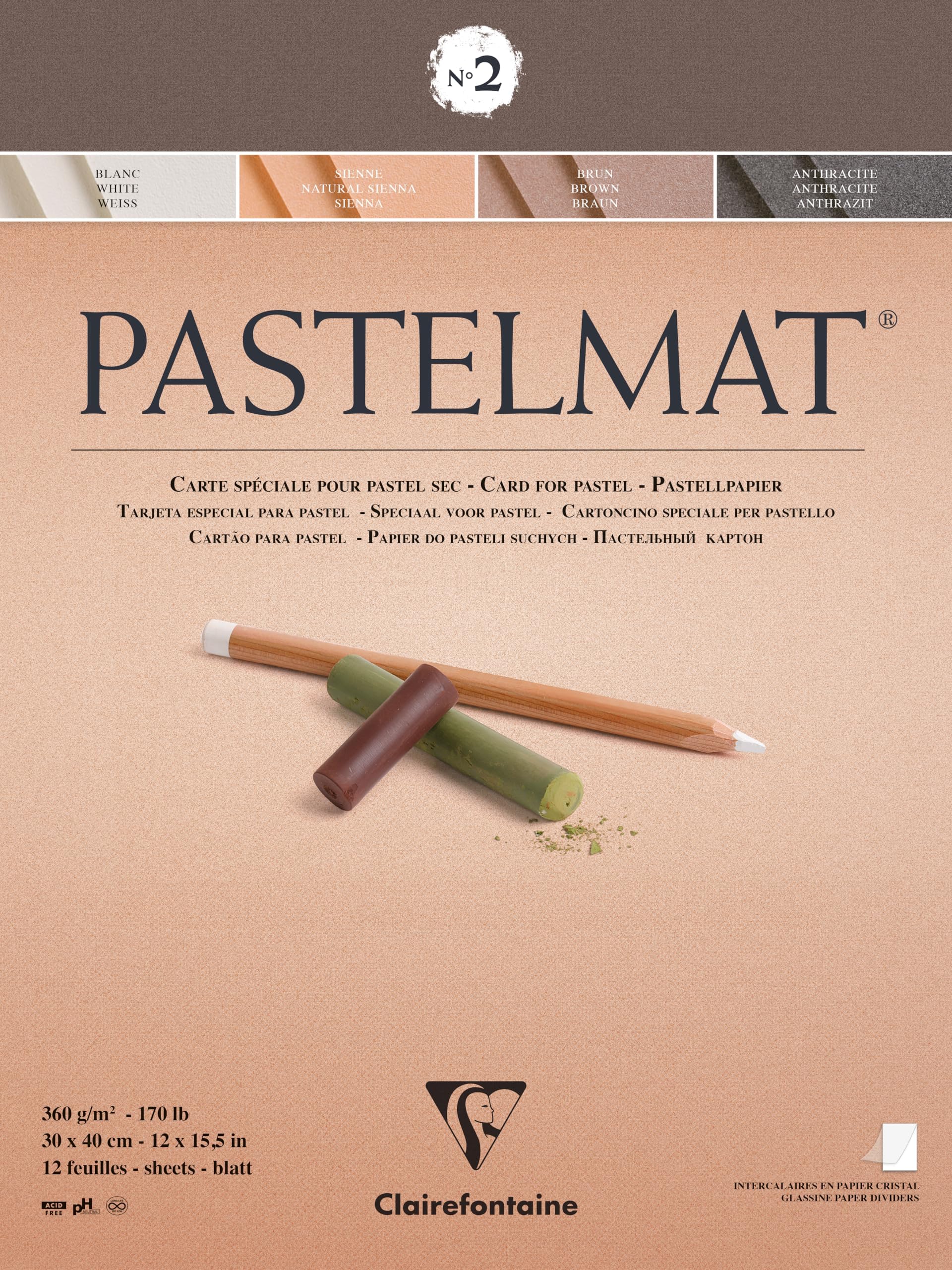 Ref 96008C - Pastelmat Pastel Card Pad No.2 (12 Sheets) - 360gsm Card - 30 x 40cm - Assorted Colours - Specially Formulated for Use with Pastels