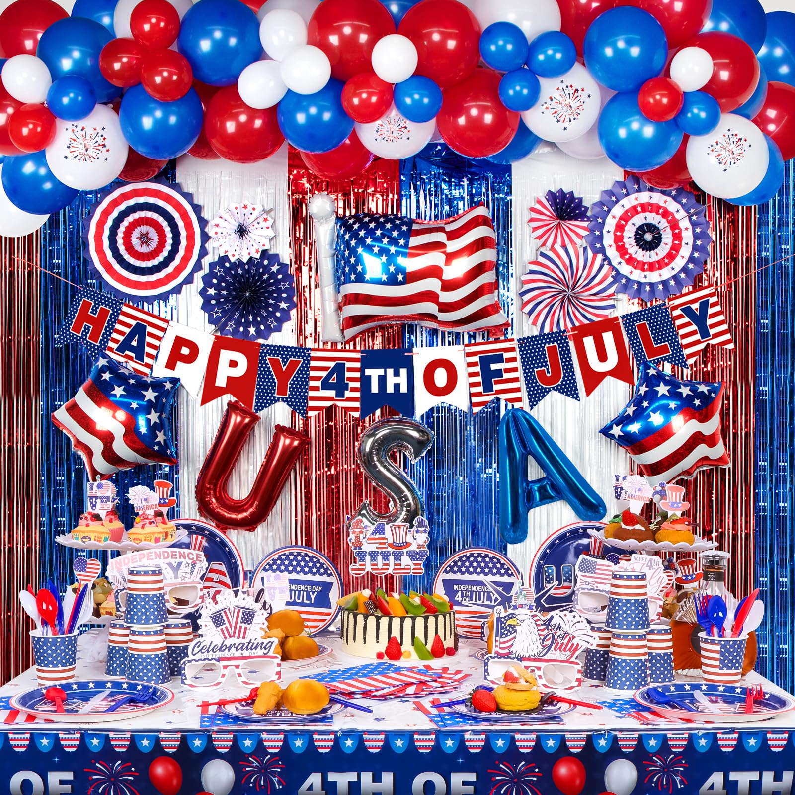 HJINGY 204 PCS 4th of July Party Decorations, Patriotic Party Supplies for Independence Day Includes Red White Blue Balloons Curtains Banner Paper Fans Glasses Tablecloth Plates for Fourth of July