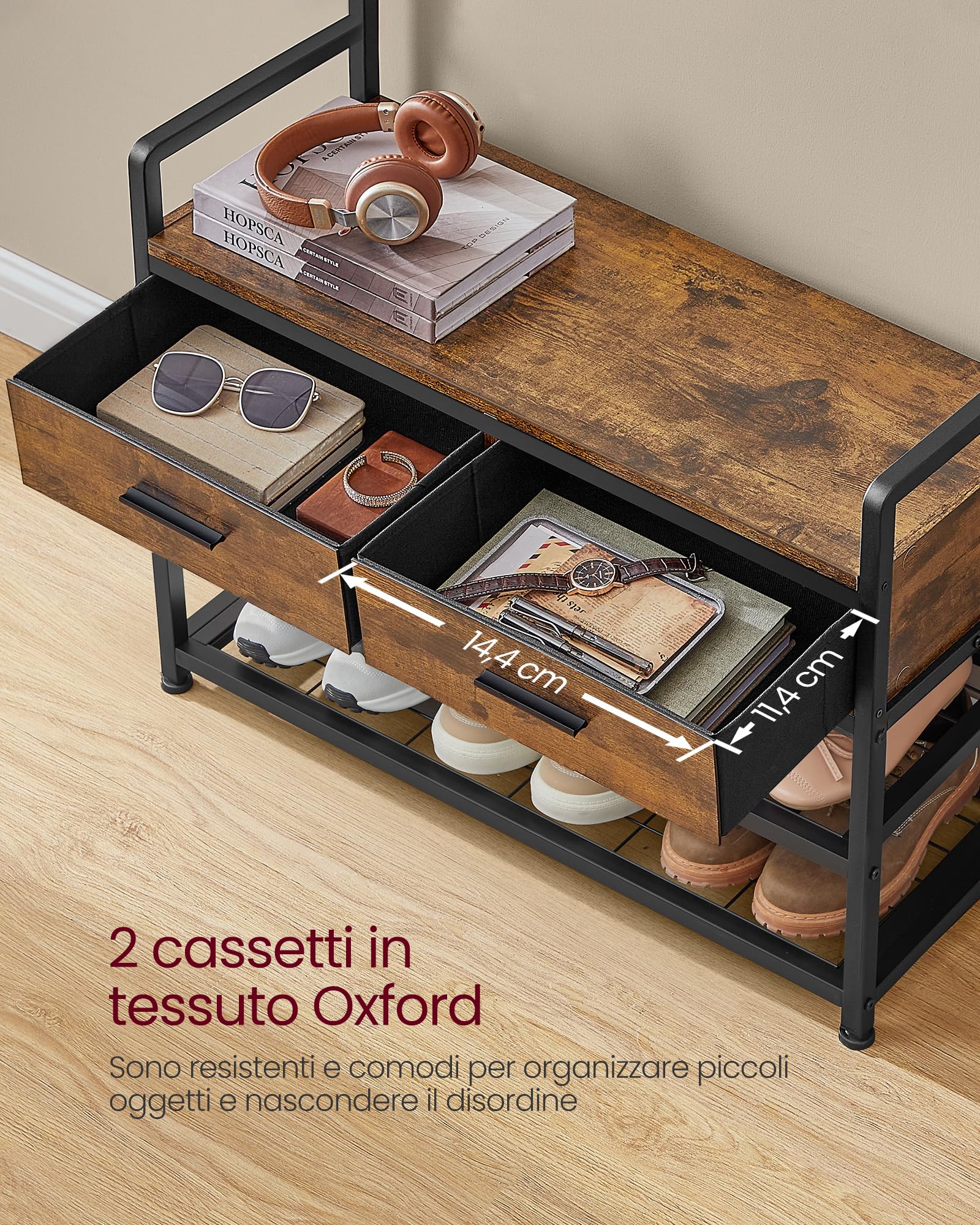 VASAGLE Appendiabiti da Ingresso, Mobile da Ingresso con 10 Ganci Rimovibili, 2 Cassetti, Panca Scarpiera, Design Separabile, 30 x 80,4 x 181,6 cm, Marrone Vintage e Nero Inchiostro HSR429B01