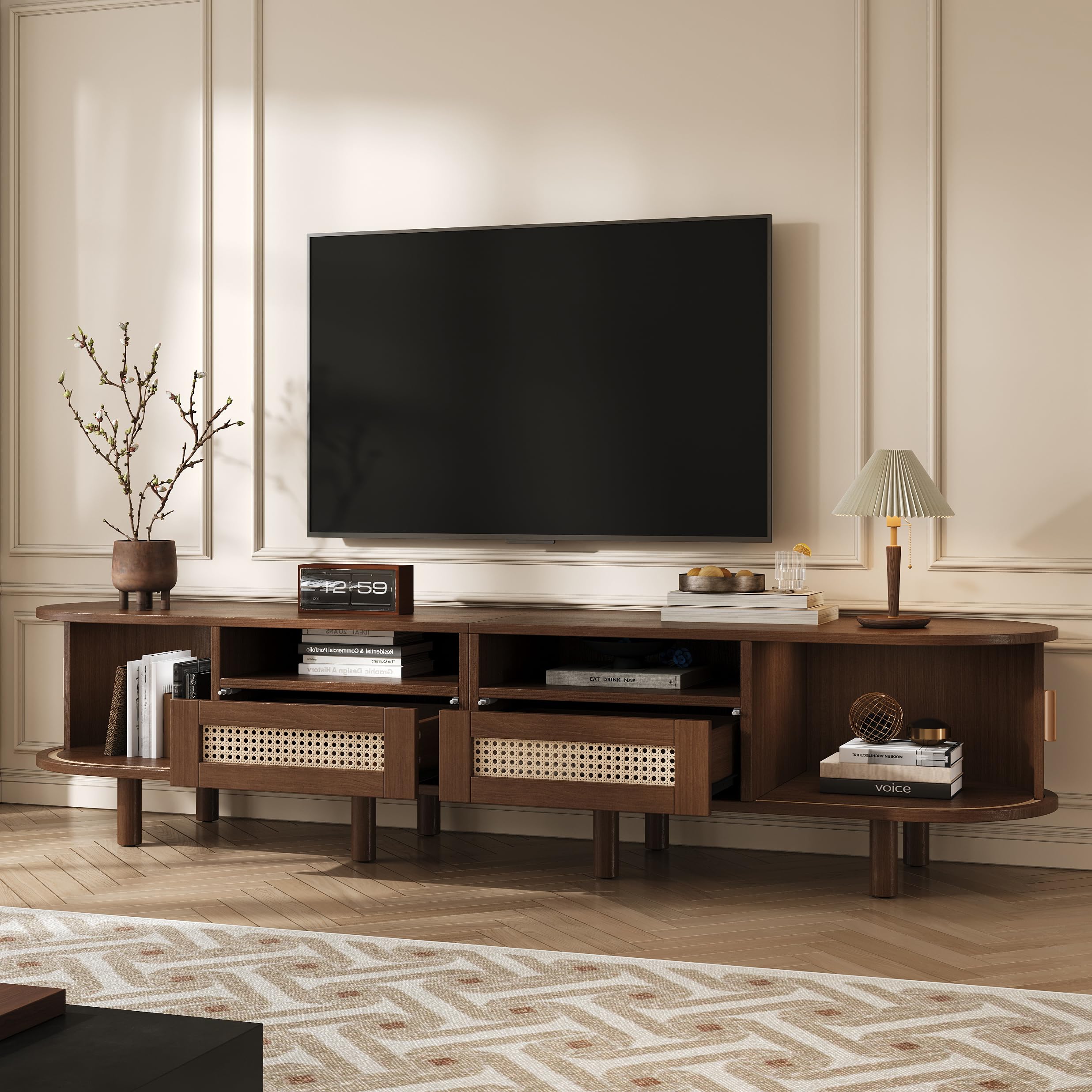 ModernLuxe Mobile TV Ovale e Tavolo TV per 70 Pollici, con 2 Cassetti in Rattan, 2 Ante Scorrevoli, Credenza Bassa, 170 * 40 * 40 cm Color Noce