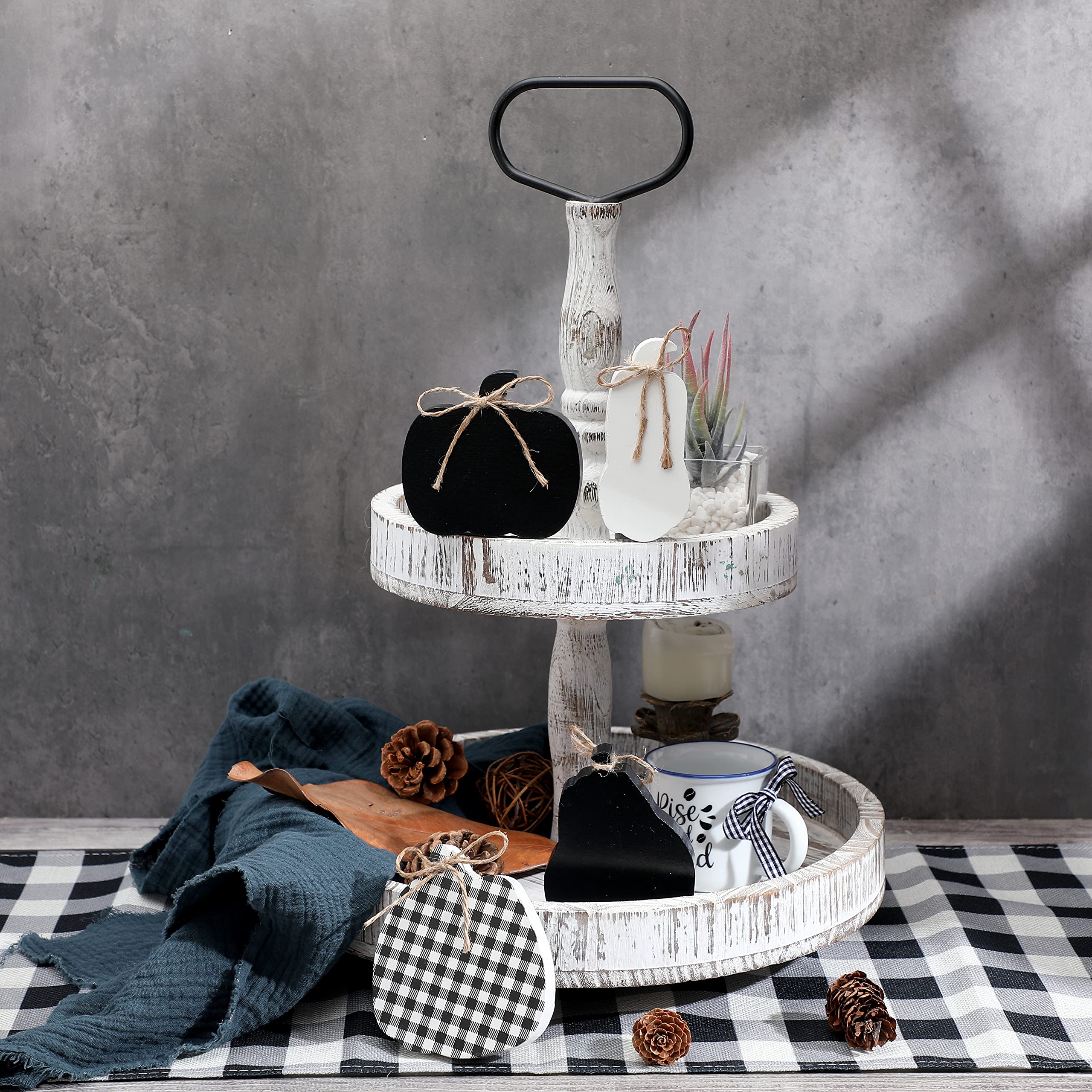 4 Pieces Fall Tiered Tray Decors Pumpkin Table Wooden Sighs Modern Farmhouse Thanksgiving Buffalo Plaid Stripes Pumpkin Centerpiece for Tabletop Rustic Autumn Harvest Decoration