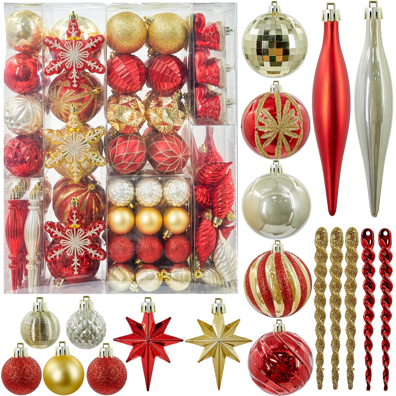190ct Christmas Tree Ornaments, Shatterproof Christmas Ornaments Balls Sets Decorations for Xmas Tree Red and Gold Decorative Hanging Ornaments Baubles