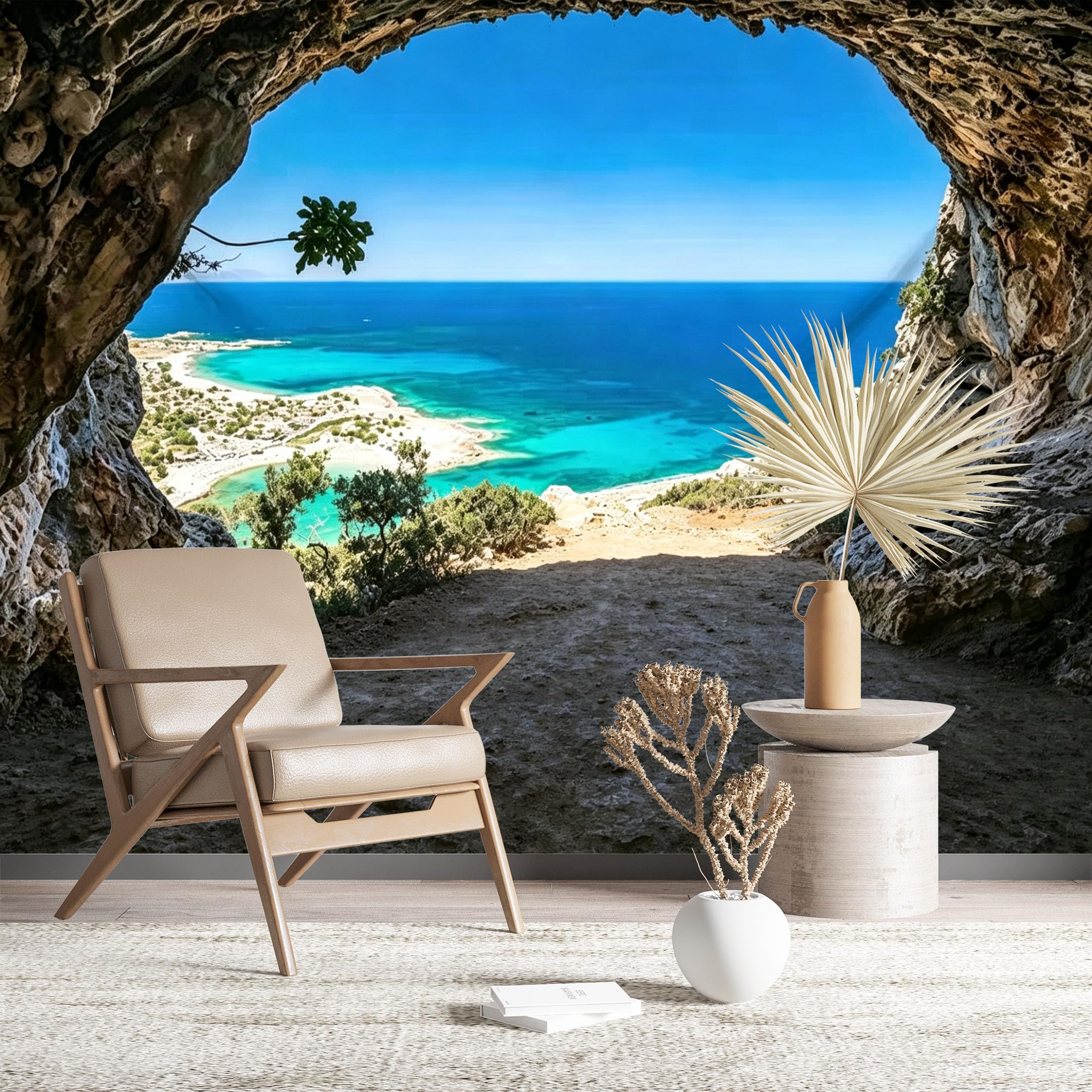 Custom Size Wall Murals Coastal Cave with View of Turquoise Bay Wall Murals Ocean Scenery Wallpaper Realistic Self-Adhesive Removable Wallpaper for Living Room