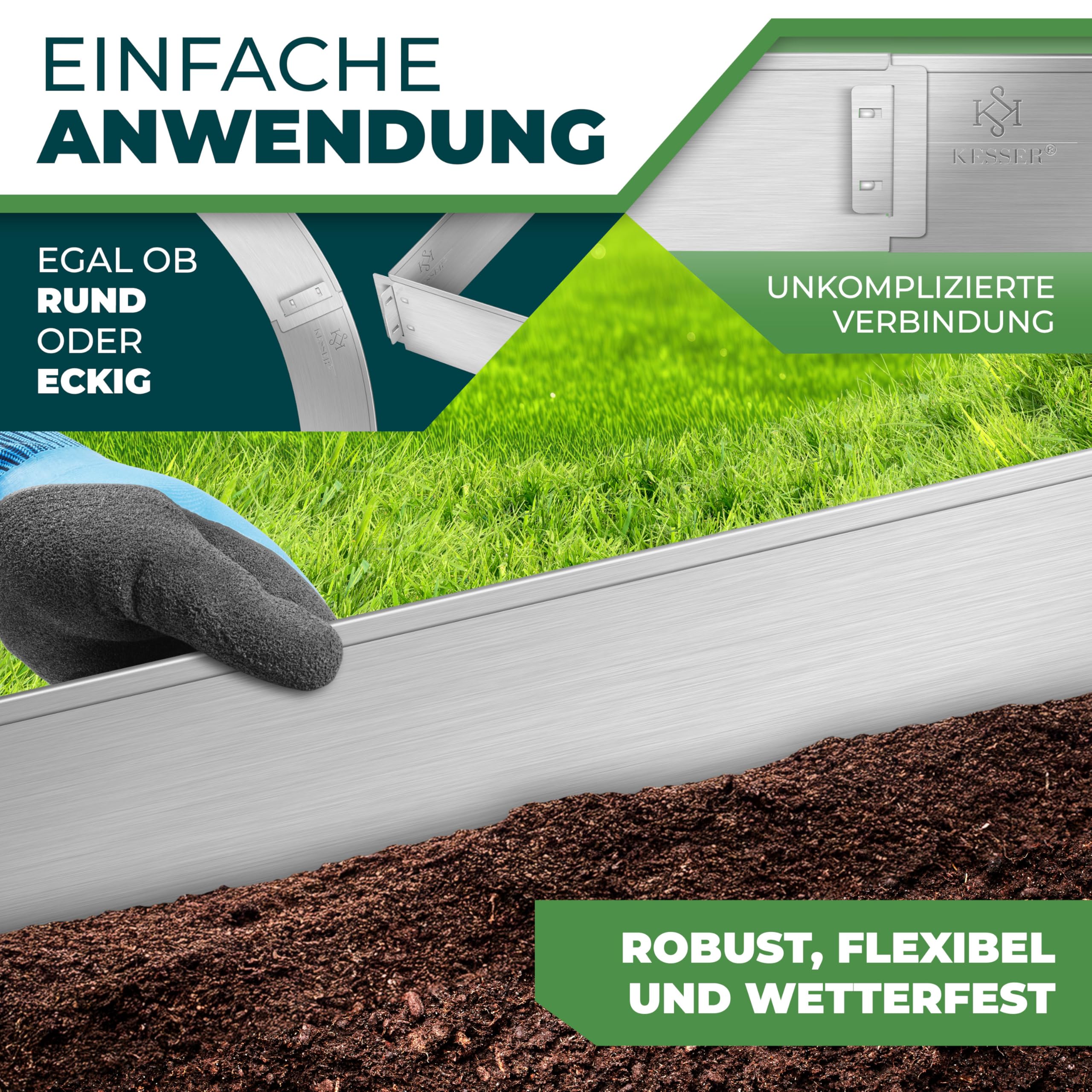 KESSER® Rasenkante Beeteinfassung Beetumrandung 5m 100x14cm Beetbegrenzung Rasenbleche Mähkante Metall Palisade Silber