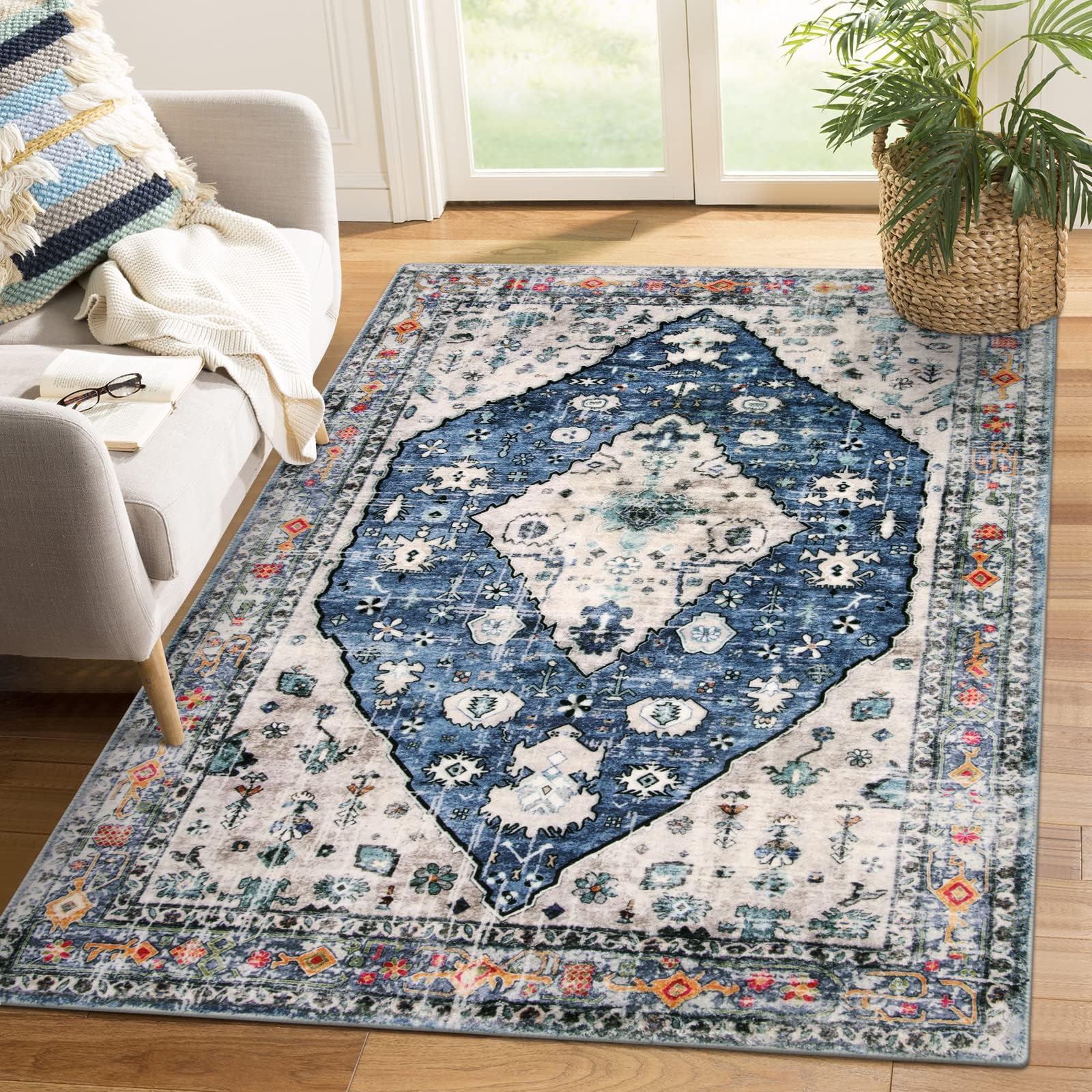 Tapis vintage à poils courts doux lavable antidérapant pour salon, chambre à coucher, chambre d'enfant, salle à manger, couloir, cuisine - Bleu - 40 x 60 cm