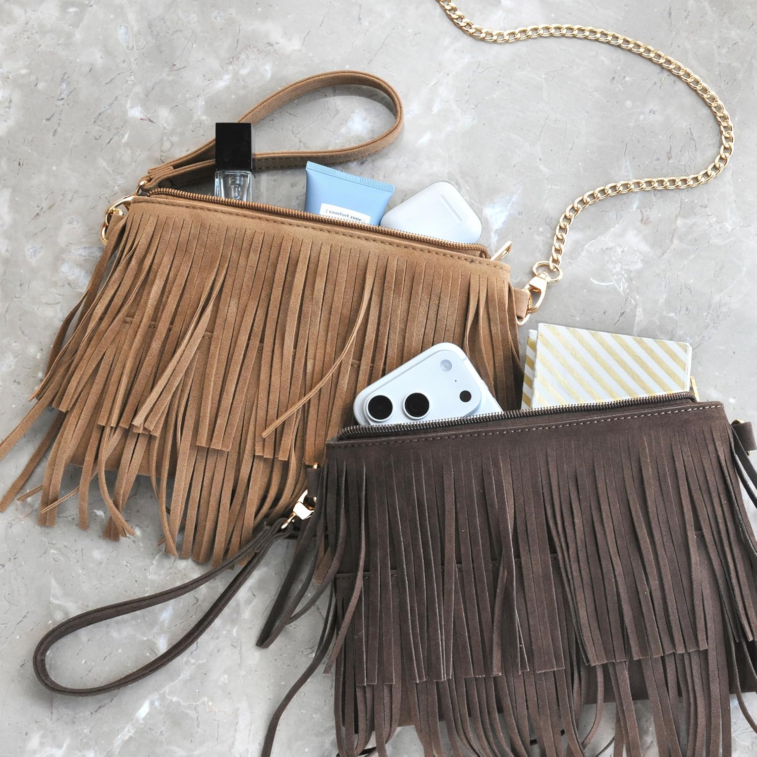 HOXIS Fringe Cross Body Bag Womens Small Shoulder Bag Top Zip Wristlet - Image 3