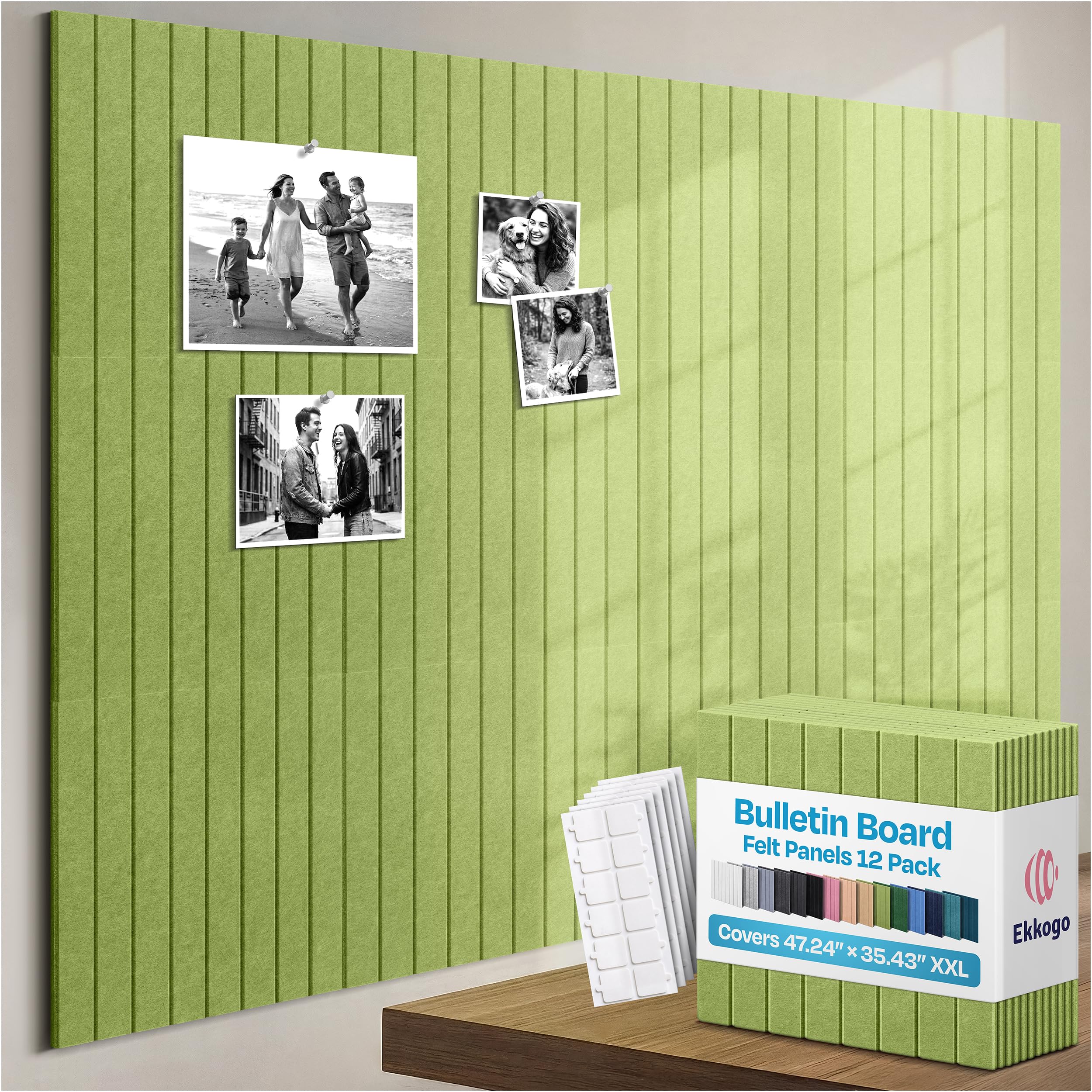 X-Large Cork Board Alternative 12-Pack Felt Bulletin Board Thick and Decorative Pin Board for Home Office Walls 47.24 x 35.43 Inches with 72 Adhesive Tabs - [Gin Green]