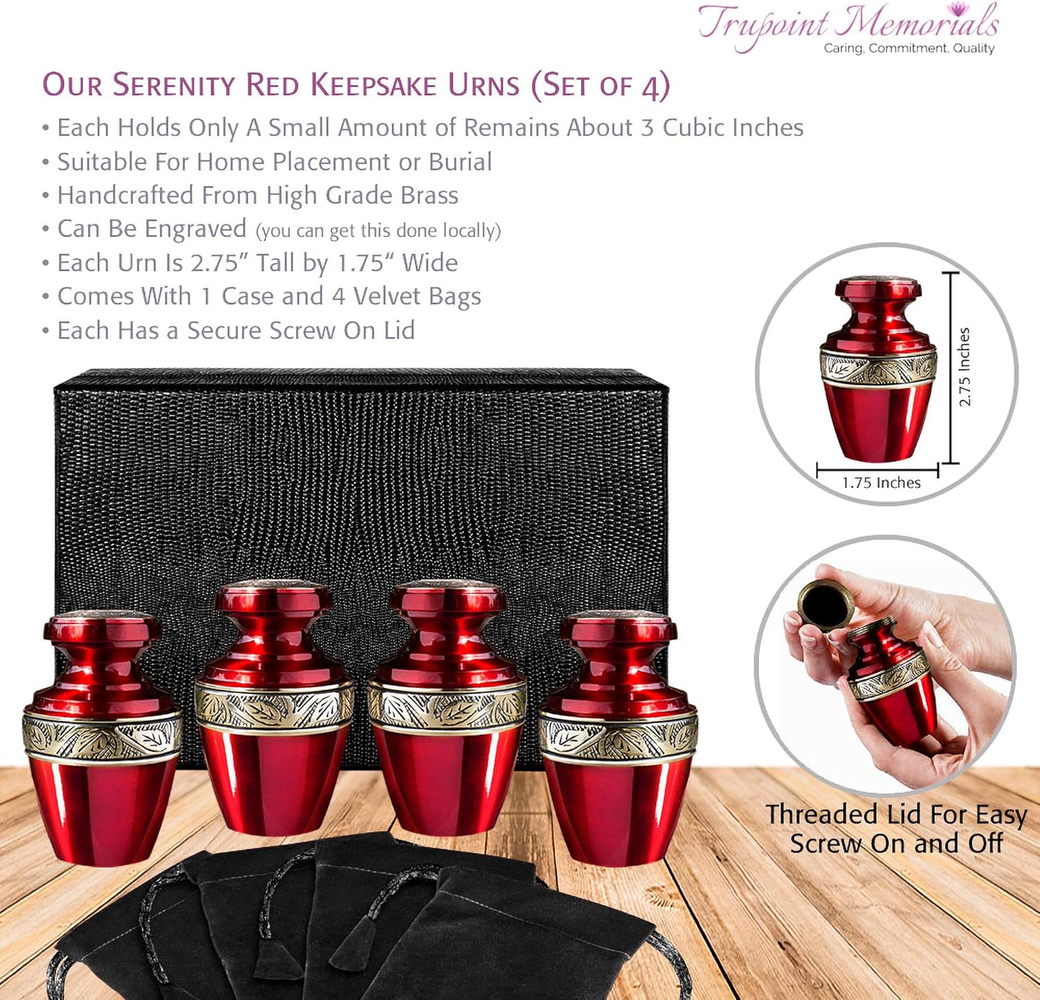 Serenity Red Beautiful Adult Cremation Urn for Human Ashes - A Beautiful Urn to Honor Your Loved One Lost - Set of 4 - with Velvet Bag