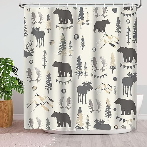 Cortina de ducha con diseño de oso y bosque, cortinas de ducha de animales para baño, cornamenta de alce gris, pino, ciervo, bosque, decoración de
