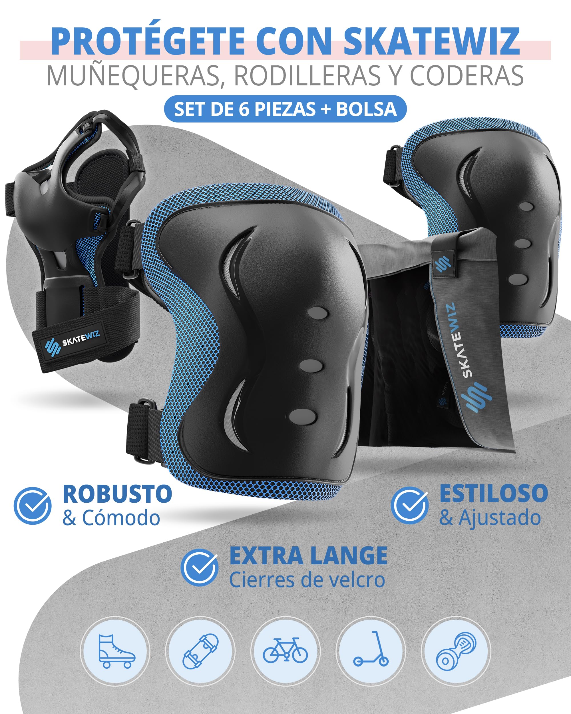 SKATEWIZ Protecciones Patines Set - Para Niño, Niña, Adolescentes y Adultos [6 piezas] con Rodilleras y Coderas Muñequeras - Protecciones Patines Niño - 4
