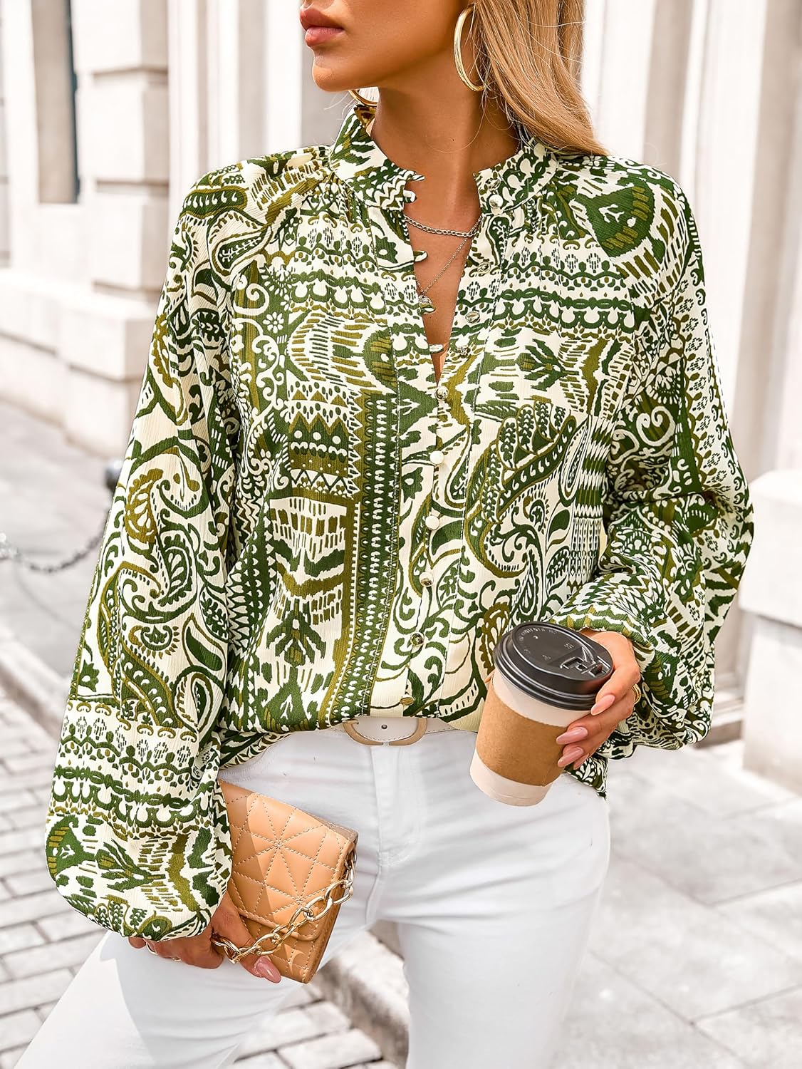 MASCOMODA Womens Boho Floral Print Fall Tops Dressy Casual V Neck Button Down Lantern Long Sleeve Shirts Chiffon Work Blouse - Image 2