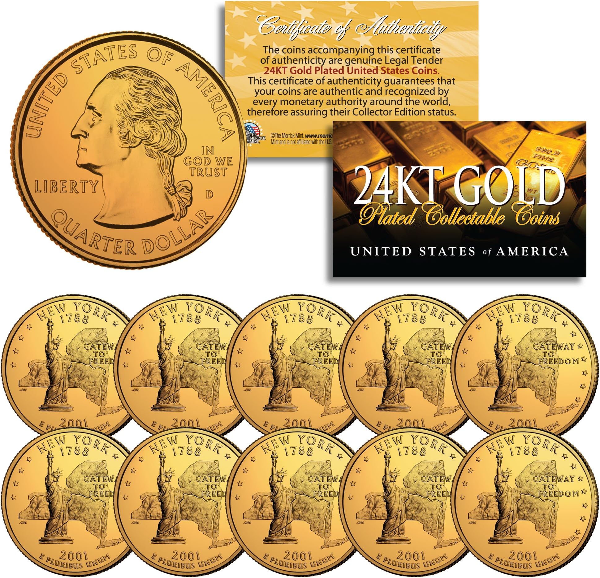 2001 New York State Quarters U.S. Mint BU Coins 24K Gold Plated (LOT of 10)