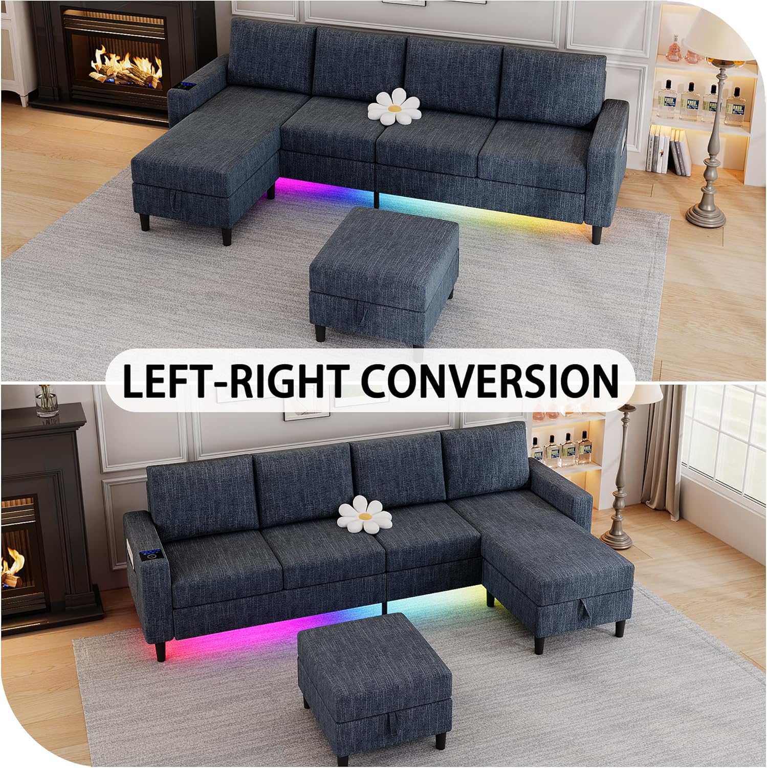 Images showing the sectional sofa with the chaise lounge configured on the left and then on the right side