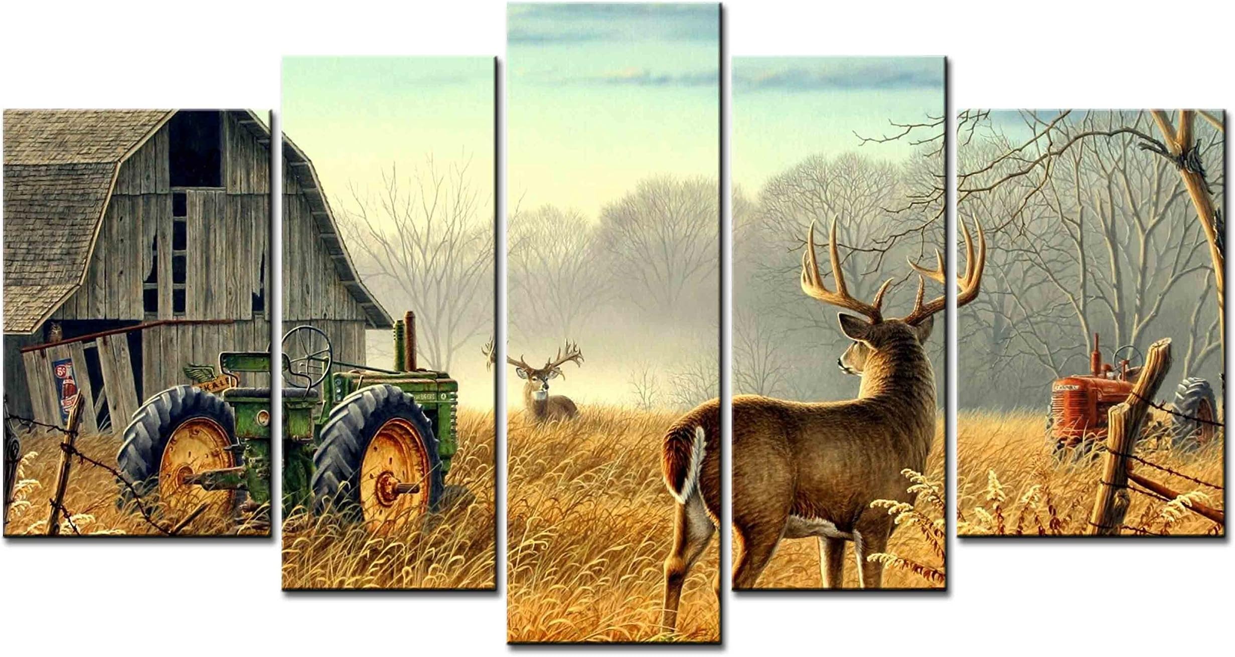 Canvas Print Wall Art Painting -5 sets pictures of Nature Trees Fences Birds Fog Mist Deer Barn Farm Competition Paintings - The Picture For Living Room Decoration City Pictures Photo Prints On Canvas