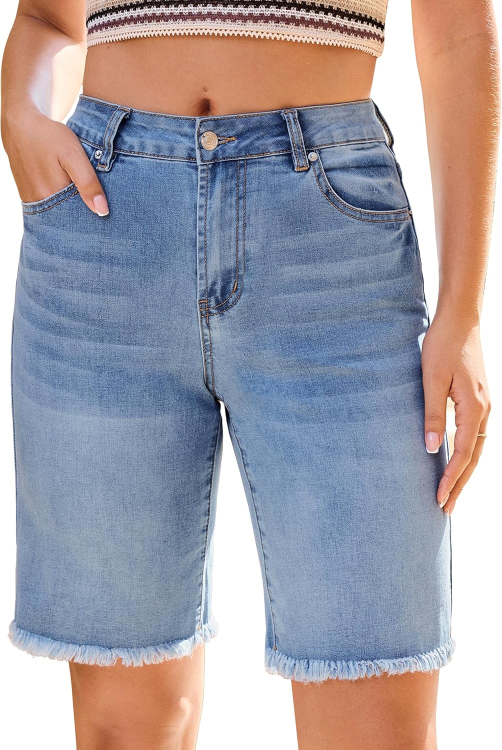 luvamia Jean Bermuda Shorts for Women Trendy Mid Rise Raw Hem Knee Length Stretchy Denim Long Shorts Summer Casual Jorts