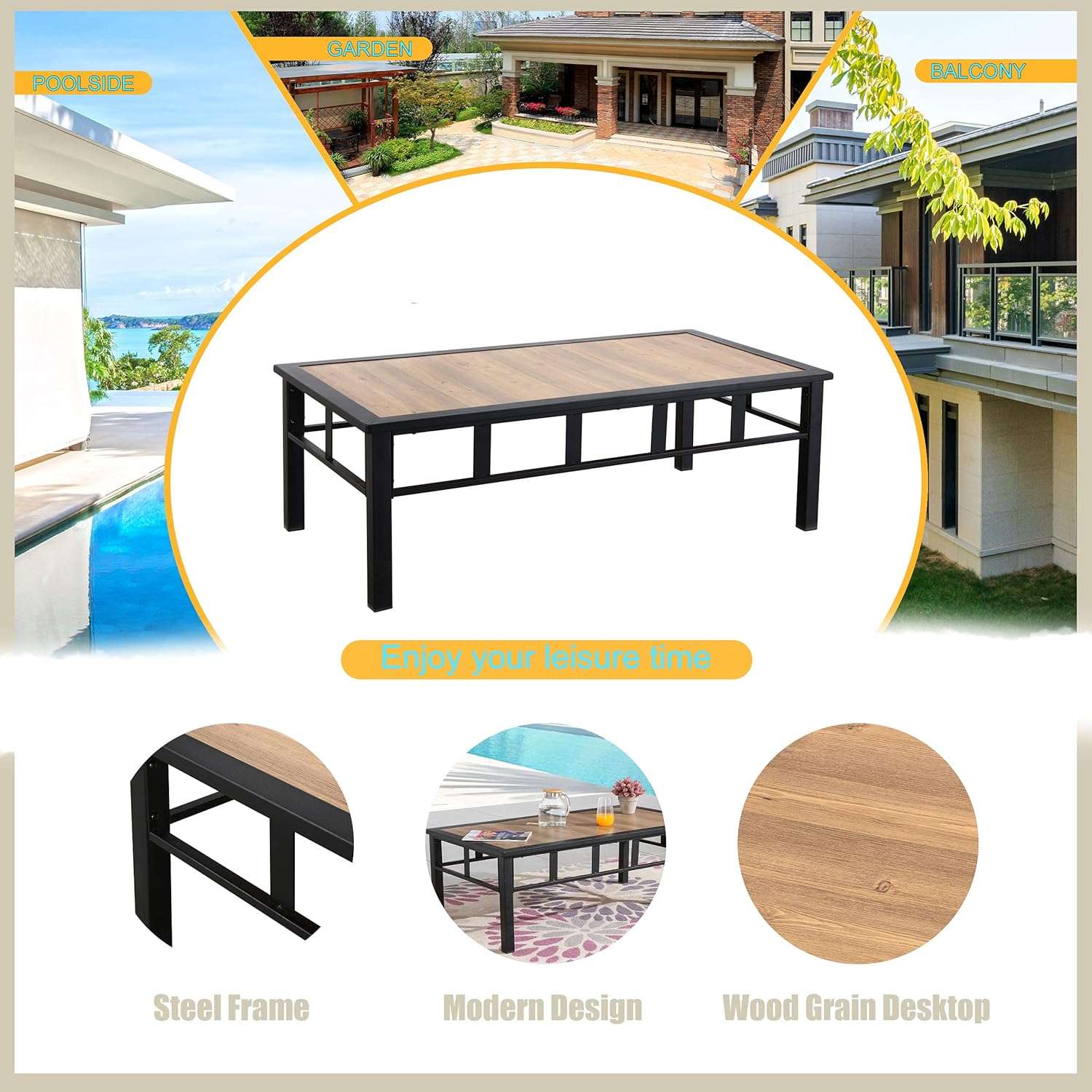 LOKATSE HOME Outdoor Dining Patio Steel Frame Furniture Metal Rectangle Table for Garden, Backyard, Poolside, Brown&Black