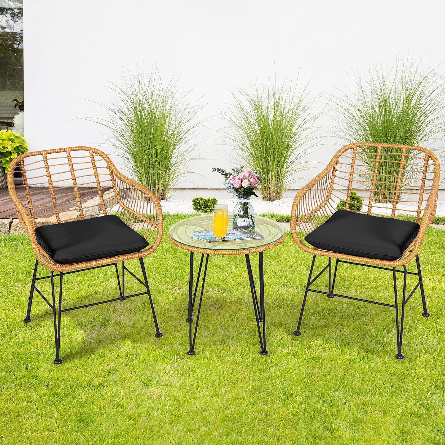 KOTEK 3 Pieces Patio Bistro Set, Outdoor Rattan Conversation Set with Glass Top Coffee Table & Seat Cushions, Indoor Outdoor Wicker Bistro Furniture Set for Garden Backyard Porch Balcony (Black)