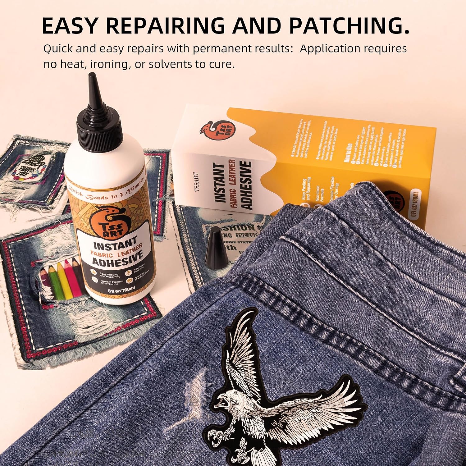 Instant Fabric Adhesive - Fast Drying Fabric and Leather Glue for Repairing and Patching, Strong Bonding Waterproof and Flexible - White, 6 fl oz