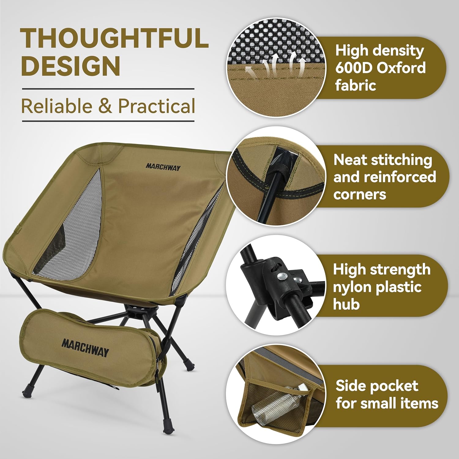 MARCHWAY Lightweight Folding Camping Chair, Portable Foldable Compact for Outdoor Camp, Travel, Beach, Picnic, Festival, Hiking, Backpacking, Supports 330Lbs (Khaki)