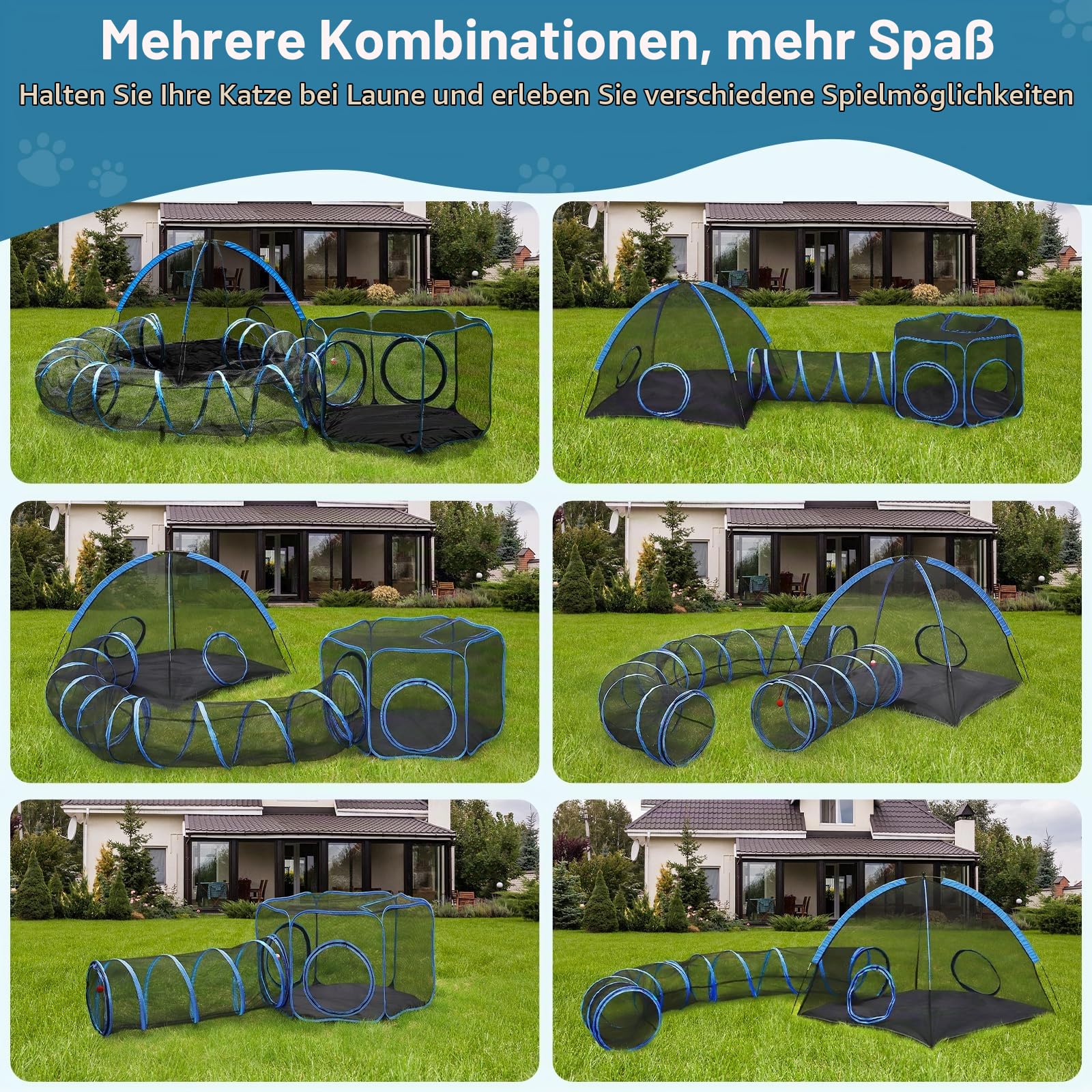 Outdoor-Katzengehege, Katzenzelt Playpen mit Tunnel, 4Pack (4in1)