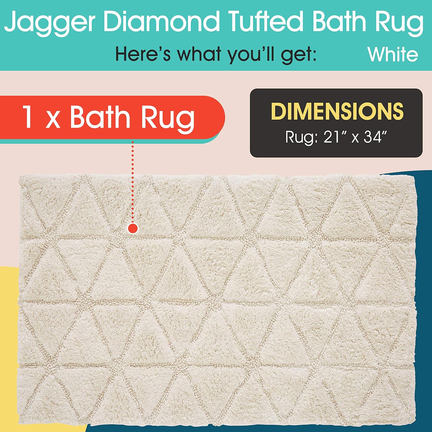 Refinery29 | Jagger Collection | Luxury Diamond Chenille Bath Rug, Non-Slip, Absorbent Plush Bath Mat for Tub, Shower and Bathroom, Machine Washable Cotton (21"X 34", White) : Home & Kitchen