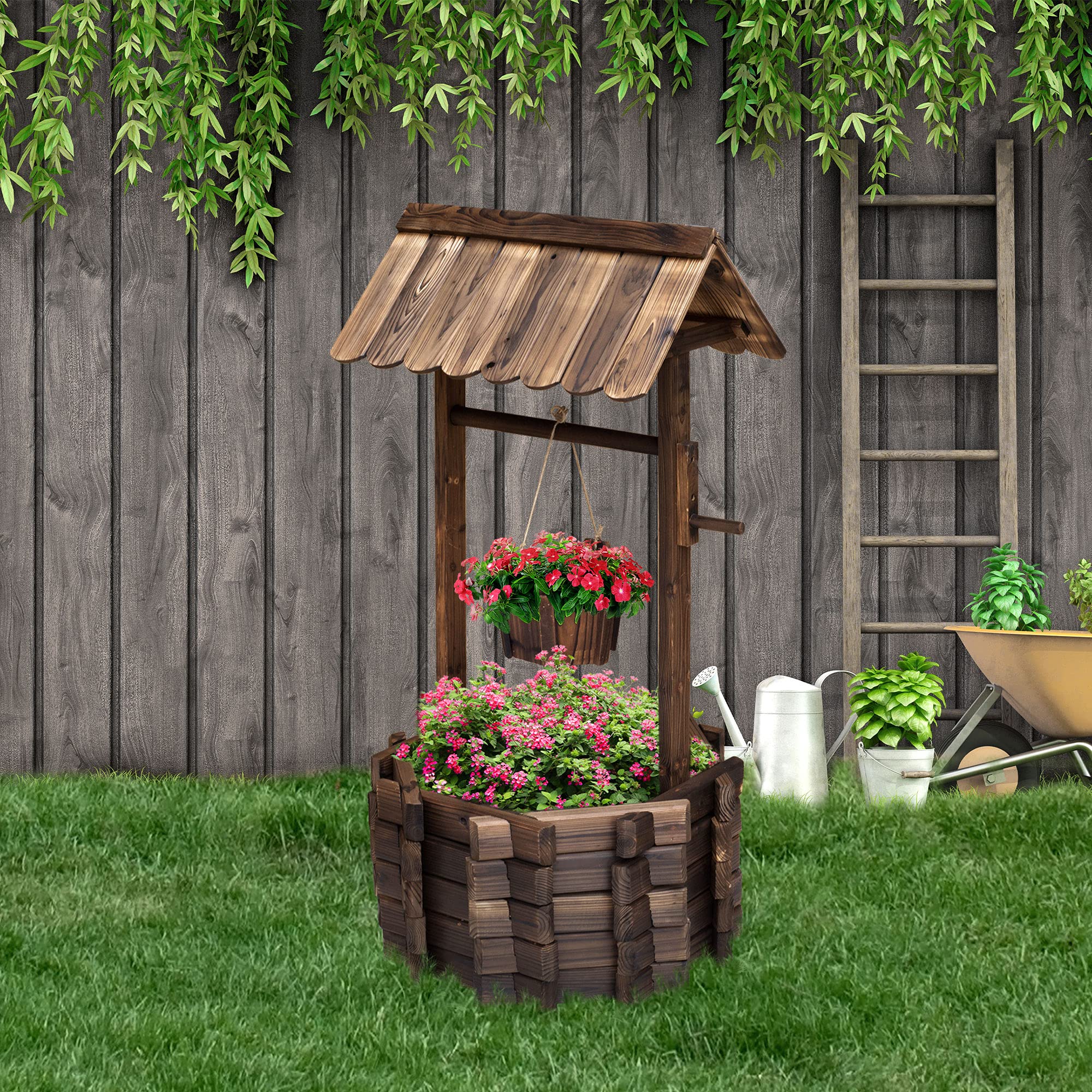 Outsunny décoratif puits en Bois d'extérieur Pot de Fleurs Jardin Décor de Jardin W/Seau