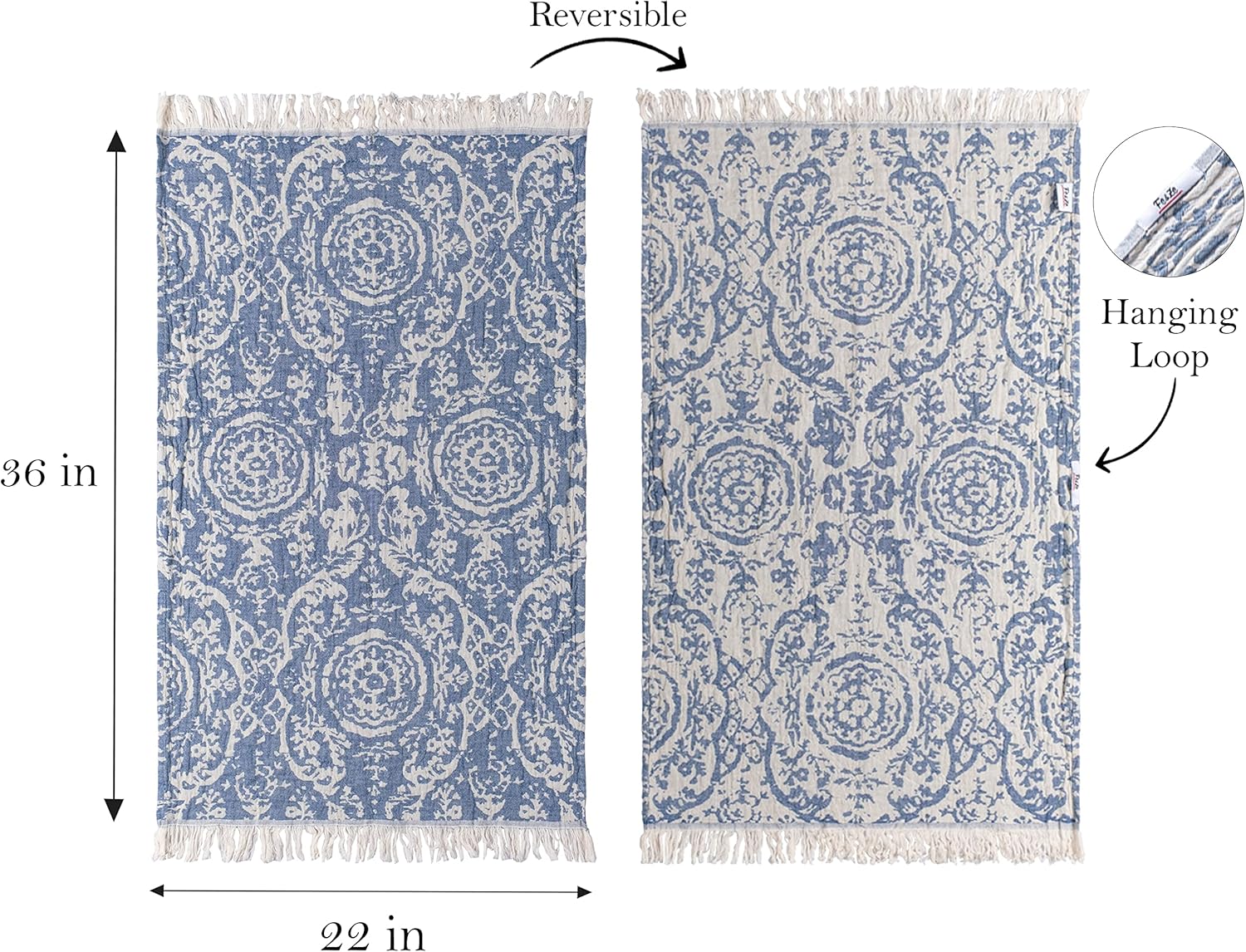 Fe&Ze Turkish Hand Towels with Hanging Loop, 22 x 36 in, 100% Cotton Kitchen Towels Decorative Set of 2, Ocean Blue Towels for Bathroom