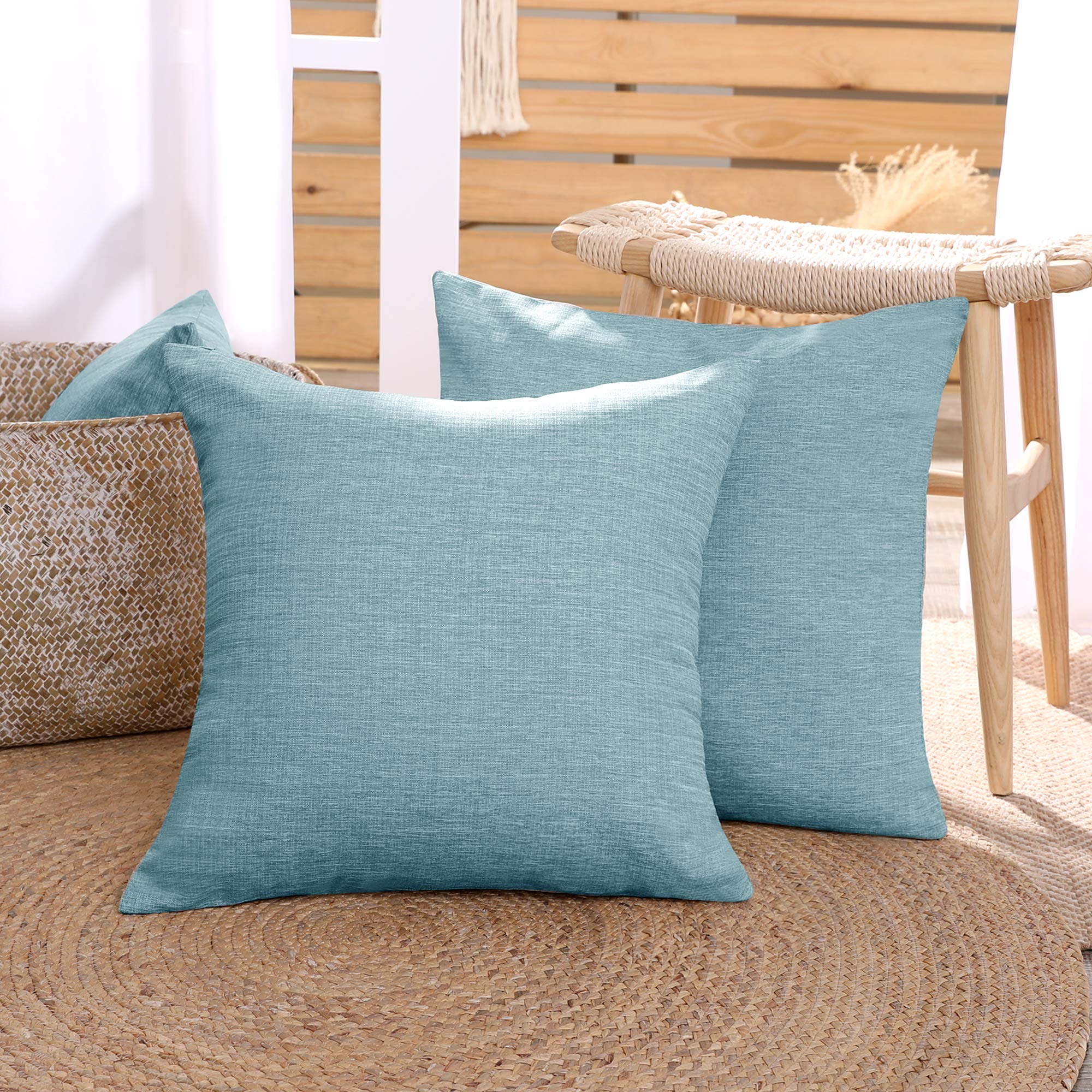 Deconovo Set of 2 Functionl Faux Linen Square Cushion Covers Throw Pillow Covers Plain Cushion Covers for Bedroom Coral Green 18"x18"(45cmx45cm)