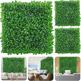 12 PCS Artificial Grass Wall Panels, 10"x10" Faux Hedge, Green, Modern Style, Polyethylene Materi...