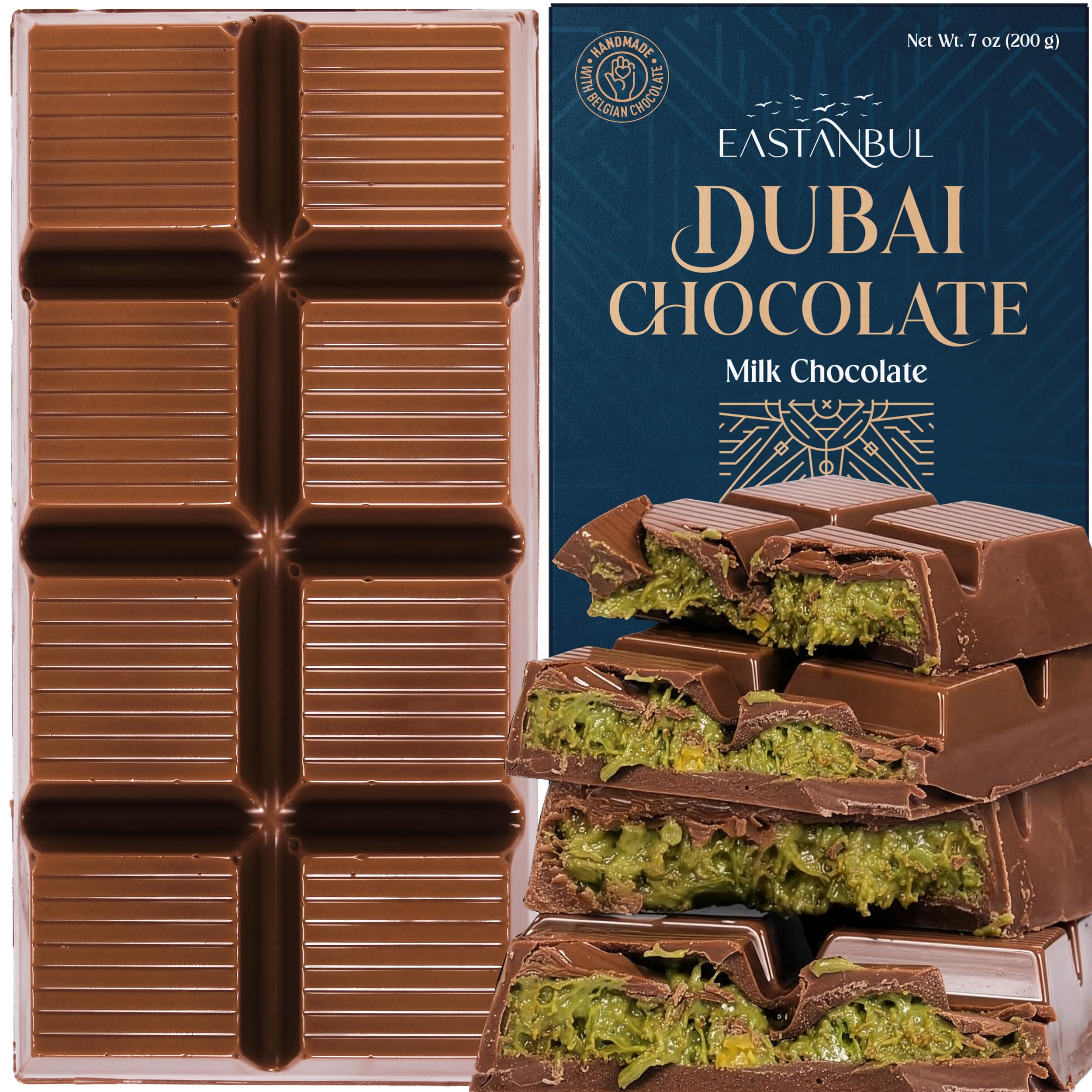 Eastanbul Dubai Chocolate Bar Pistachio, 7oz, Pistachio Dubai Bar, Viral Candy with Shredded Phyllo Dough, Knafeh, Gift Box