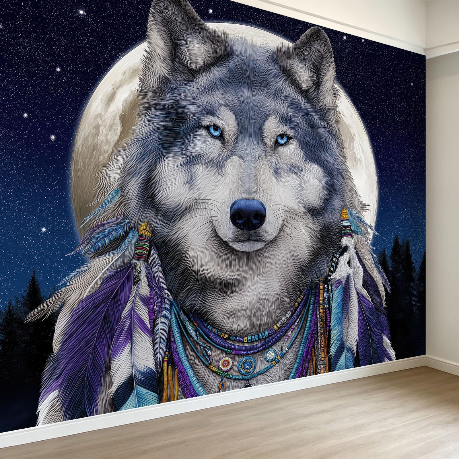 Vlies Tapete Fototapete 3D Effekt Tiere Wolf Traumfänger 250 x 175 cm - Wandbild für Schlafzimmer - Vliestapete Wandtapete für Kinderzimmer Flur Wanddekoration Bildtapete Nachthimmel Sternenhimmel