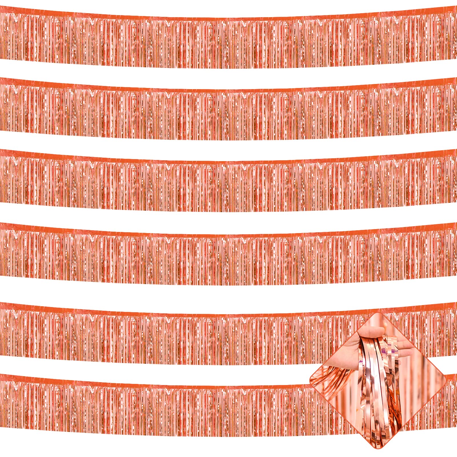 6 Pack 10 Feet Foil Fringe Garland Metallic Tinsel Streamers Banner Wall Hanging Curtain Backdrop for Parade Floats, Bachelorette, Wedding, Birthday, Halloween, Christmas Party Decorations(Rose Gold)