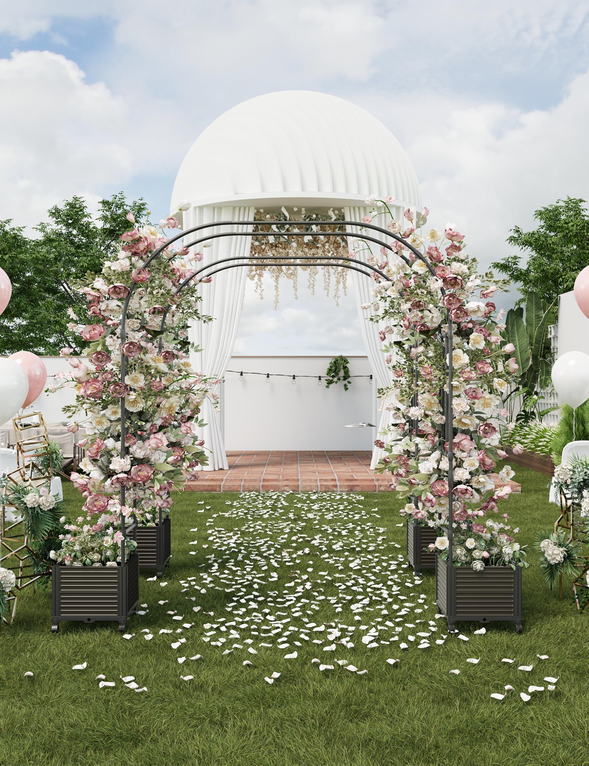 Garvee Arco da Giardino con Fioriera e Ruote Bloccabili, Altezza 2.4m Traliccio per Piante Rampicanti in Metallo, Supporto per Rose Edera Matrimoni Decorazione Esterna, PP Resistente UV