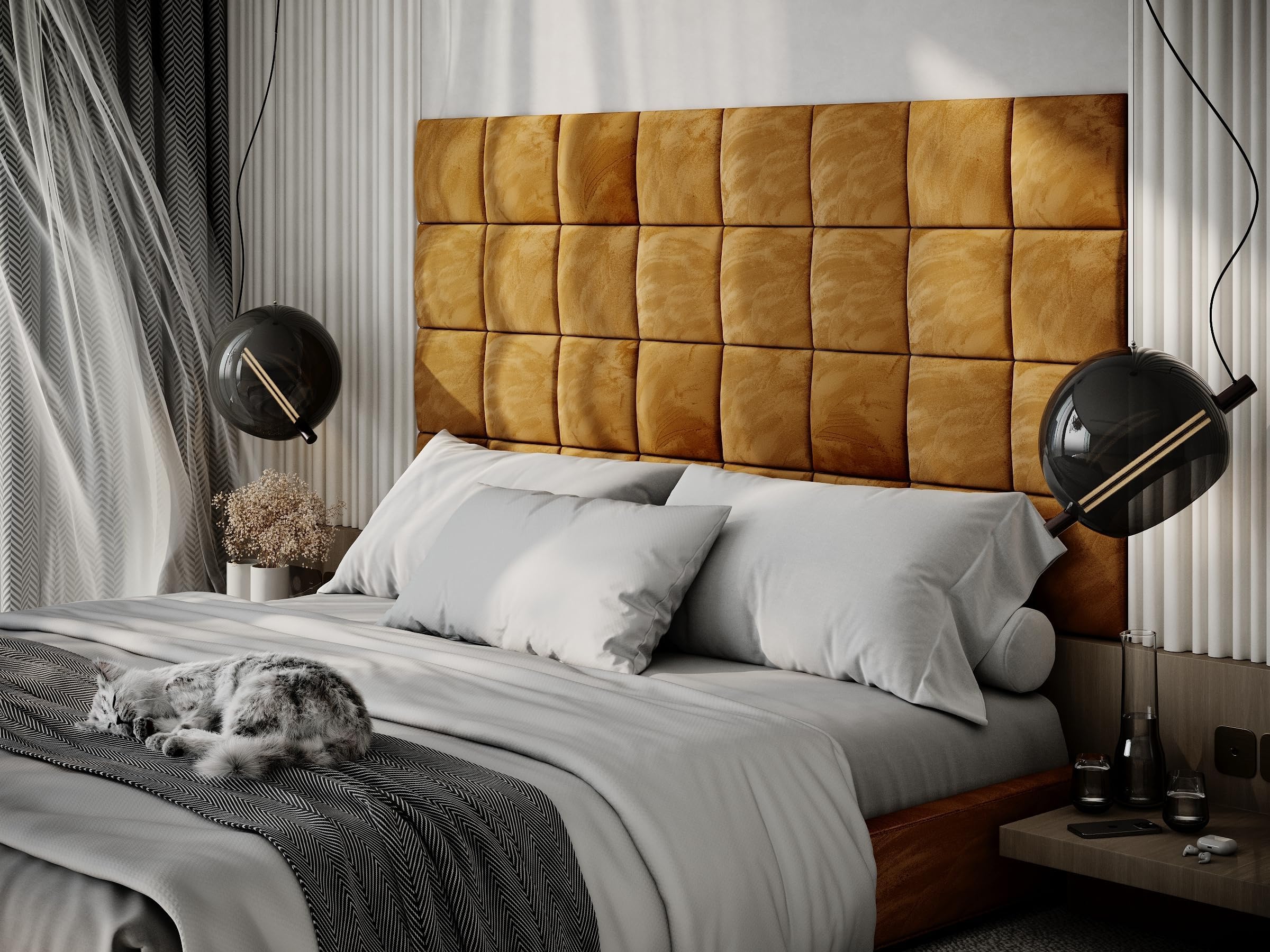 Upholstered Decorative Wall Panels Velvet Headboard Padding | Cushioned Planks | Padded Decor Collision Avoidance | Acoustic Soundproofing Treatment | (Gold, 4x Square (25x25cm))