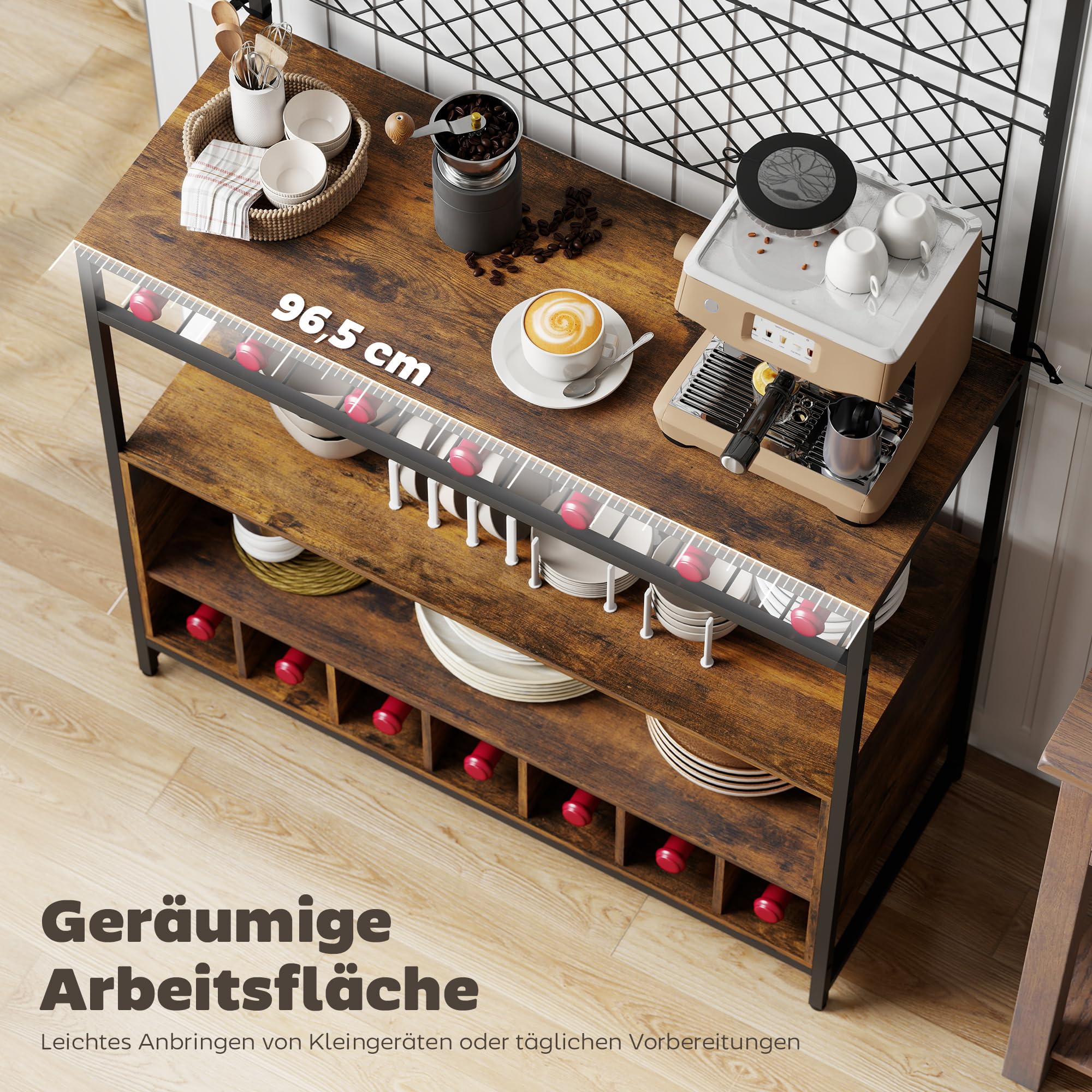 HOMCOM Küchenregal, Standregal mit 5 S-Haken, 2 Ablagen, Metallgitterpaneele, Kaffeebar mit Weinregal, Bäckerregal aus Metallrahmen, Rustikal-Braun, 96,5 x 38 x 165 cm