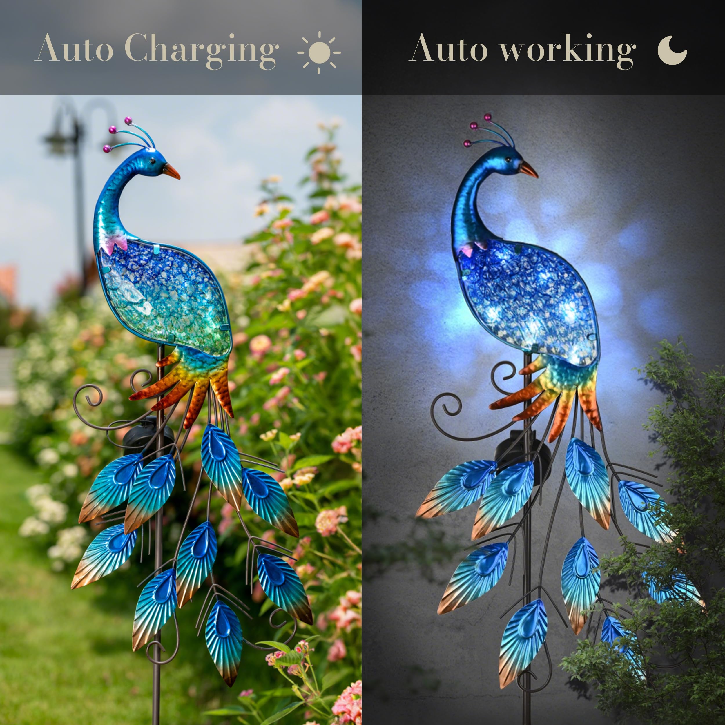 TERESA'S COLLECTIONS Gartendeko für draußen, Solarlampe für Außen, Pfau Gartenleuchte Metall wasserdichte Wegeleuchte für Terrasse,Hof,Blau, Geschenk für Frauen/Mama/Papa,102cm(L)