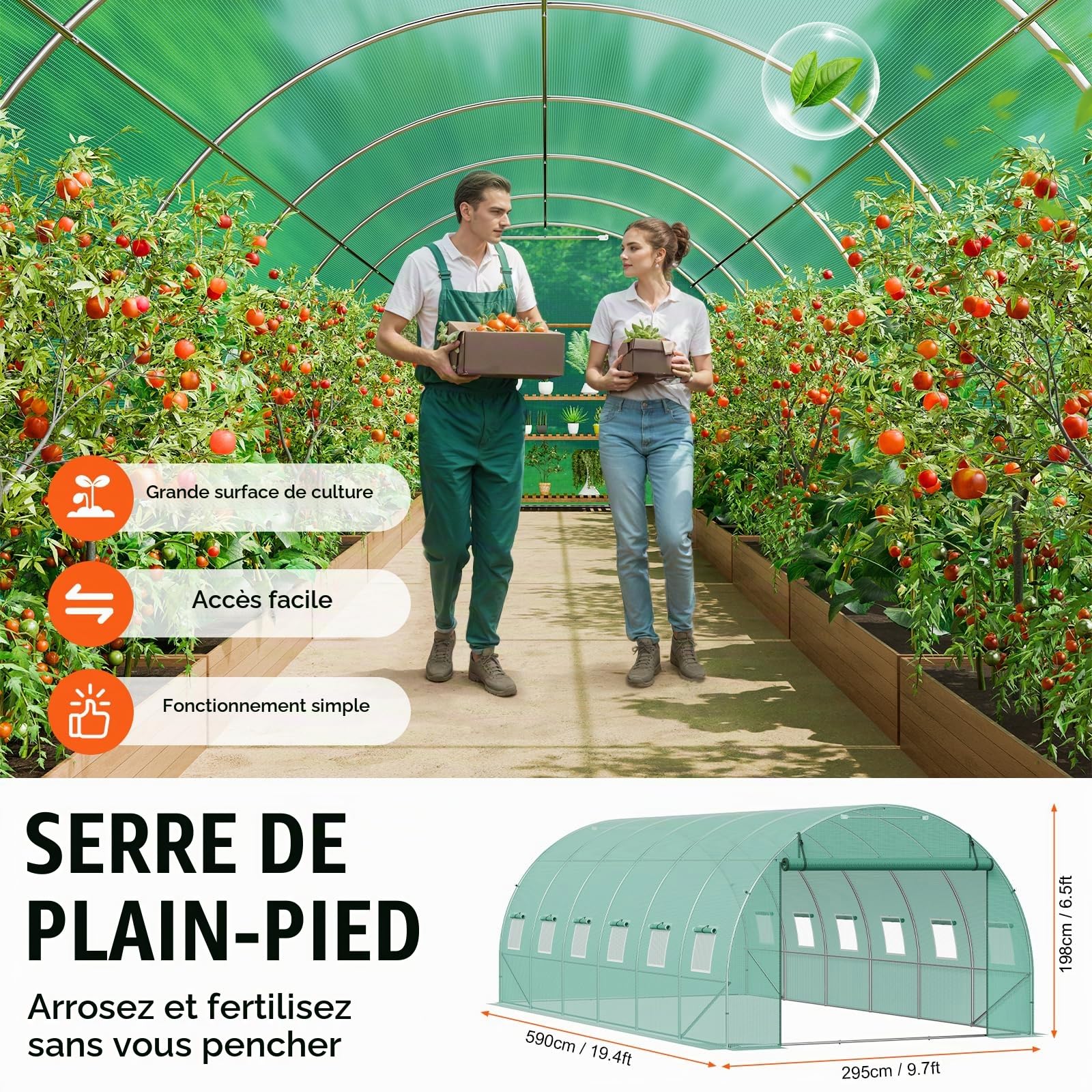 VEVOR Serre Tunnel Jardin, 590x295x198 cm, Tente Abri Plantes avec Cadre en Acier Galvanisé, Couverture en PE Verte, Porte à Glissière Enroulable, 12 Fenêtres, pour Extérieur Cultiver Légumes Fleurs