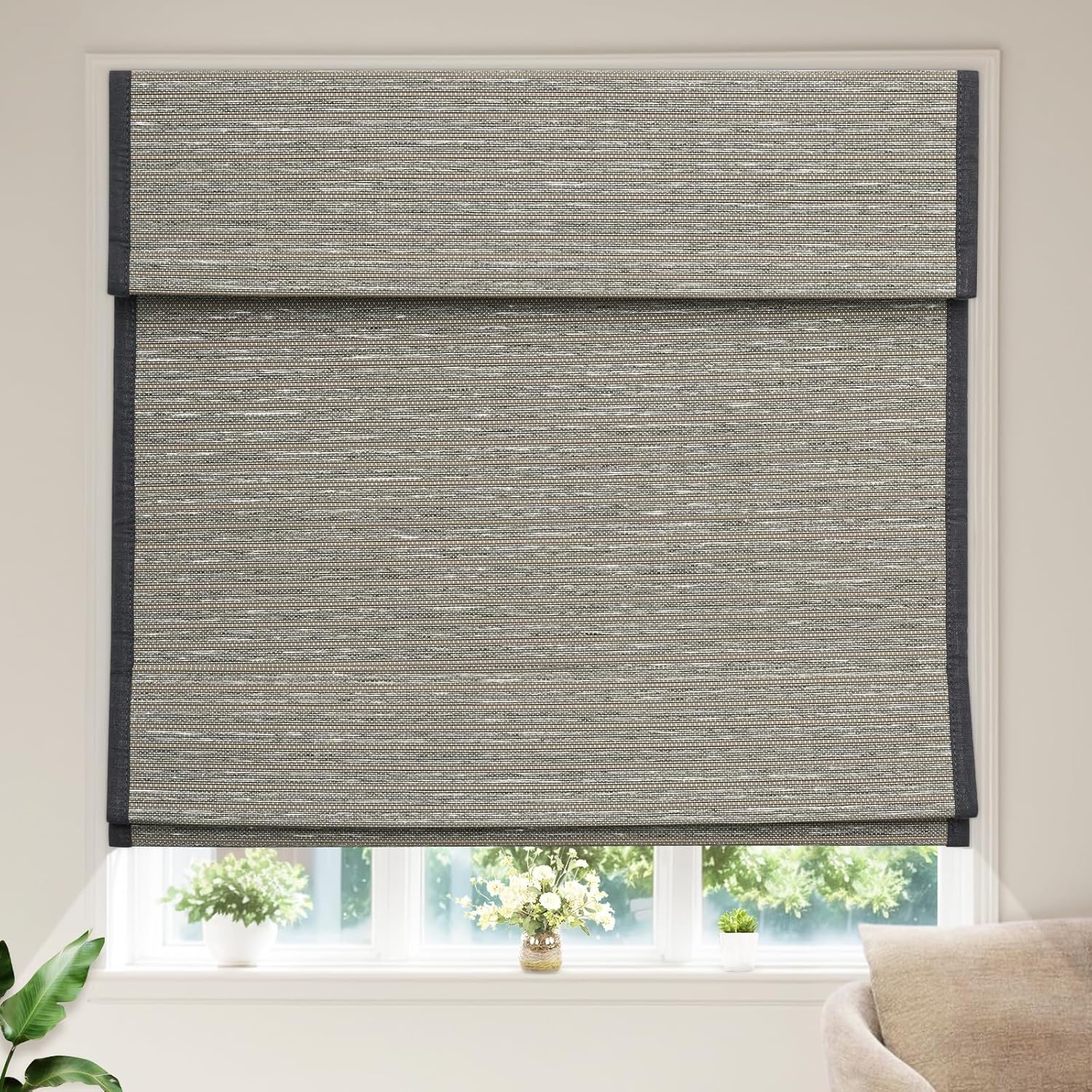 Cordless Roman Shades for Window Blackout, Natural Woven Fabric Privacy Room Darkening Blinds, Thermal Insulated Window Blind Treatment for Bedroom Living Room, Beige