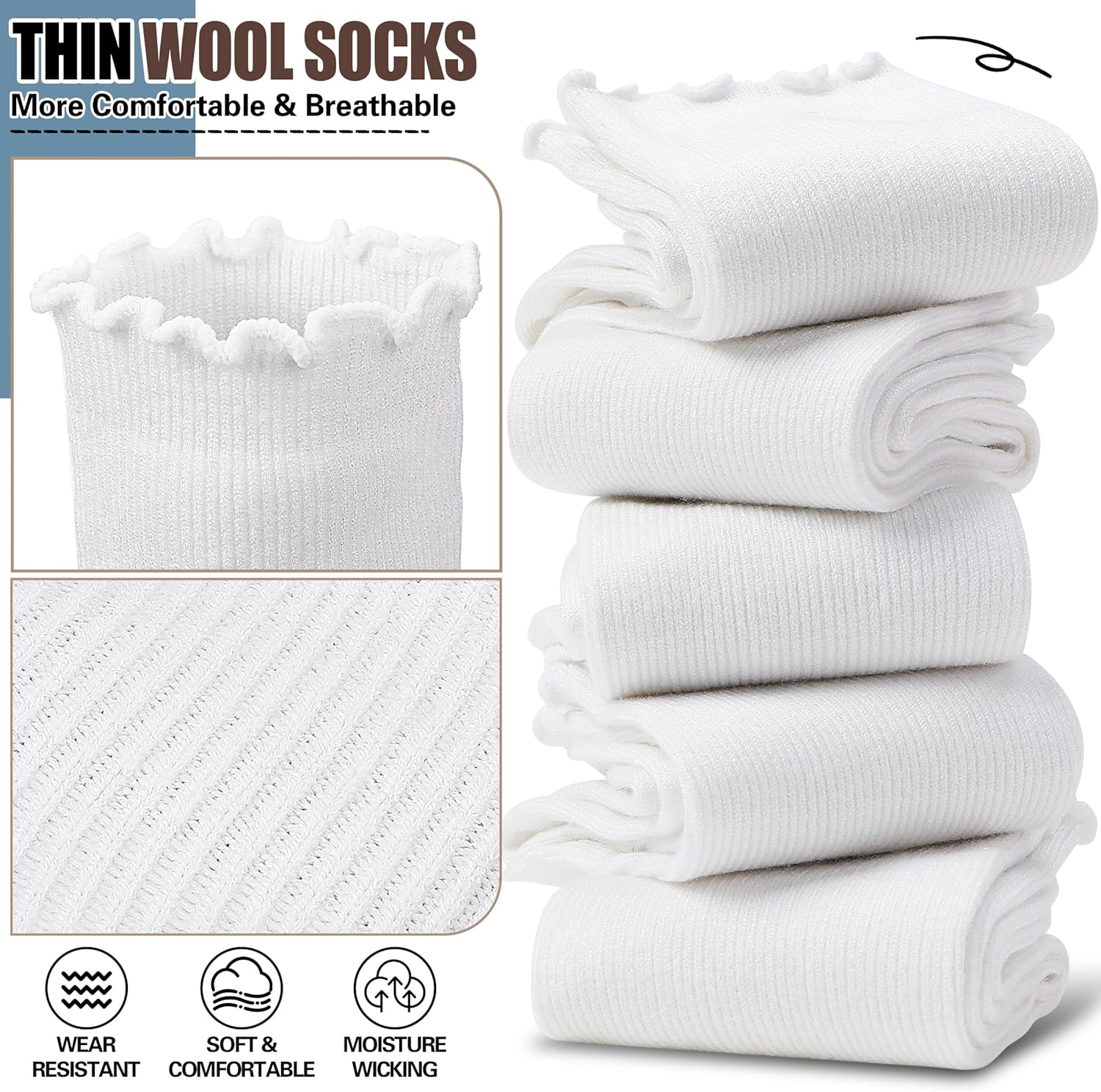 Thin Merino Wool Ruffle Boot Socks Warm Winter Cozy Frilly Soft Casual Breathable Socks for Womens 5 Pairs - Image 3