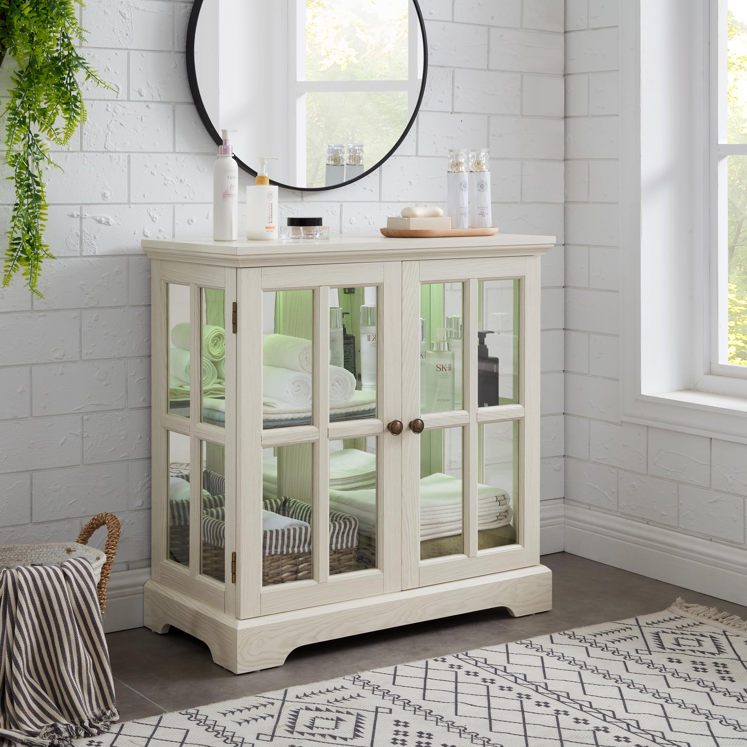 KEIKI Curio Cabinet, Lighted Glass Display Cabinet w/ 2 Glass Doors & Adjustable Shelves, Lighted Showcase with LED Light Strip, White