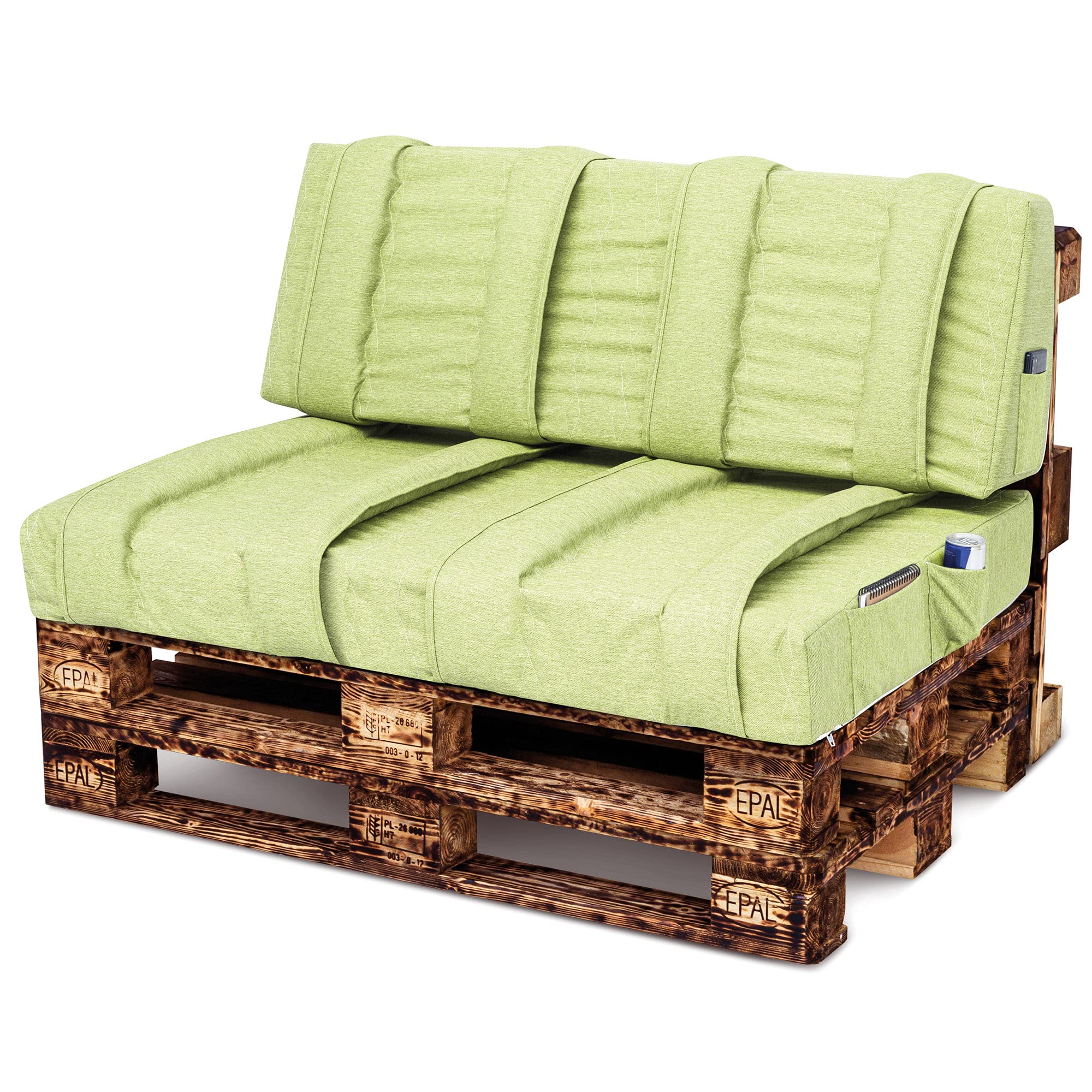 Spatium pallet cushions, removable pillowcase, water-resistant, upholstery design, resistant to stains (Apple Green Long Back Cushion 120x40x10/20)