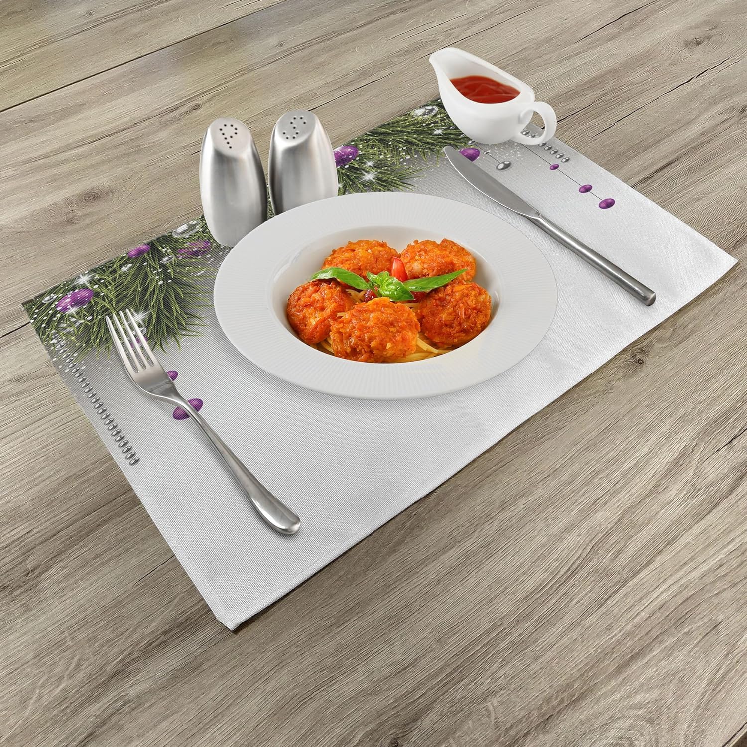 Ambesonne Christmas Place Mats Set of 8, Tree with Tinsel and Ball with Present Wrap Ribbon Celebration Picture, Washable Fabric Placemats for Dining Table, Placemat 8 pcs, Purple Grey