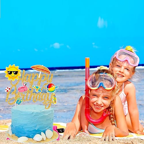 Miniatura 7 de Decoración hawaiana de verano para tartas de playa, decoración de pastel de cumpleaños, decoración de pastel de cumpleaños con purpurina para