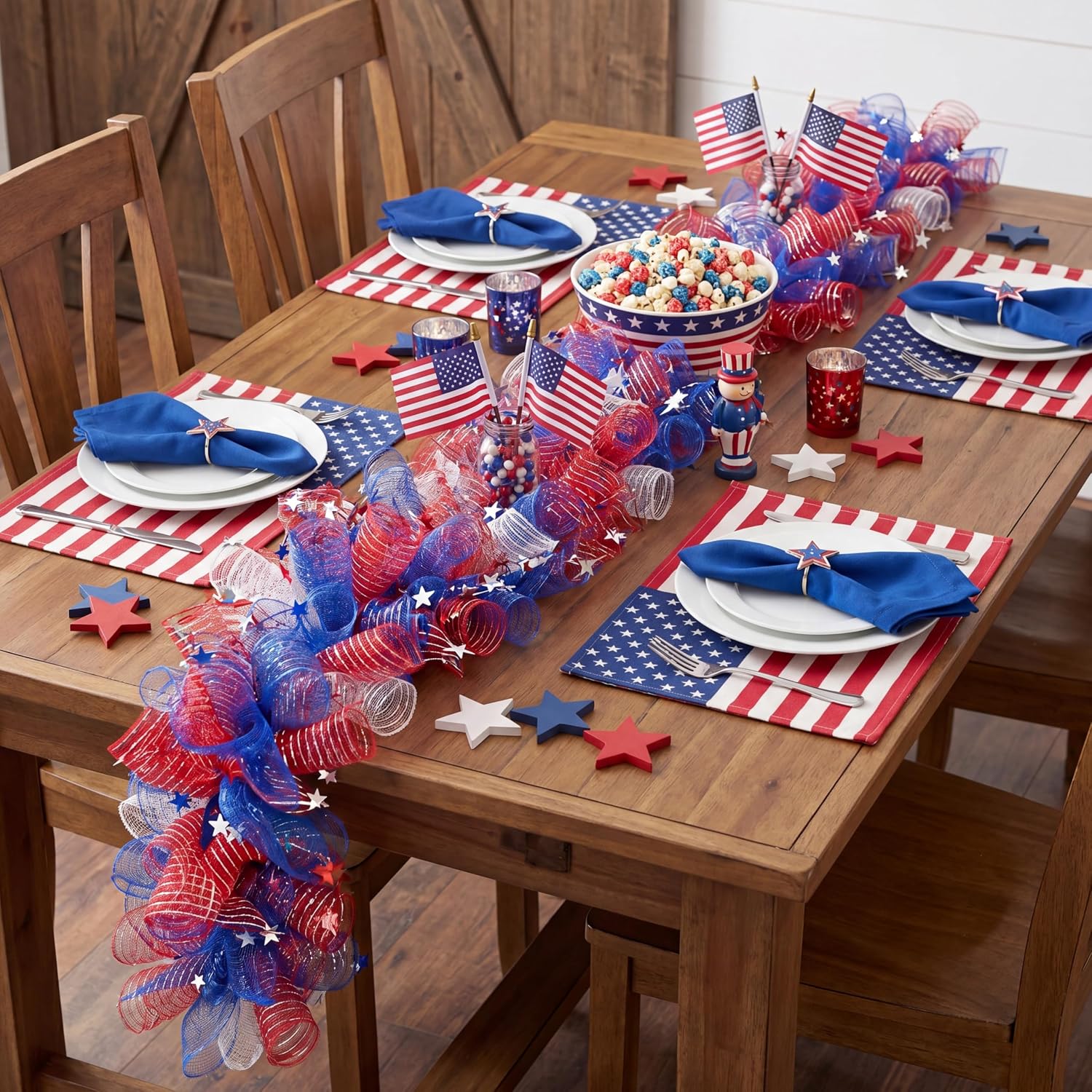 Suncalla 6 ft Red White Blue Garland 4th of July Patriotic Flower Garland for Mantle Artificial 250th Decoration with Daisy Lavender Vine Memorial Day Faux Floral for Independence Table Decor