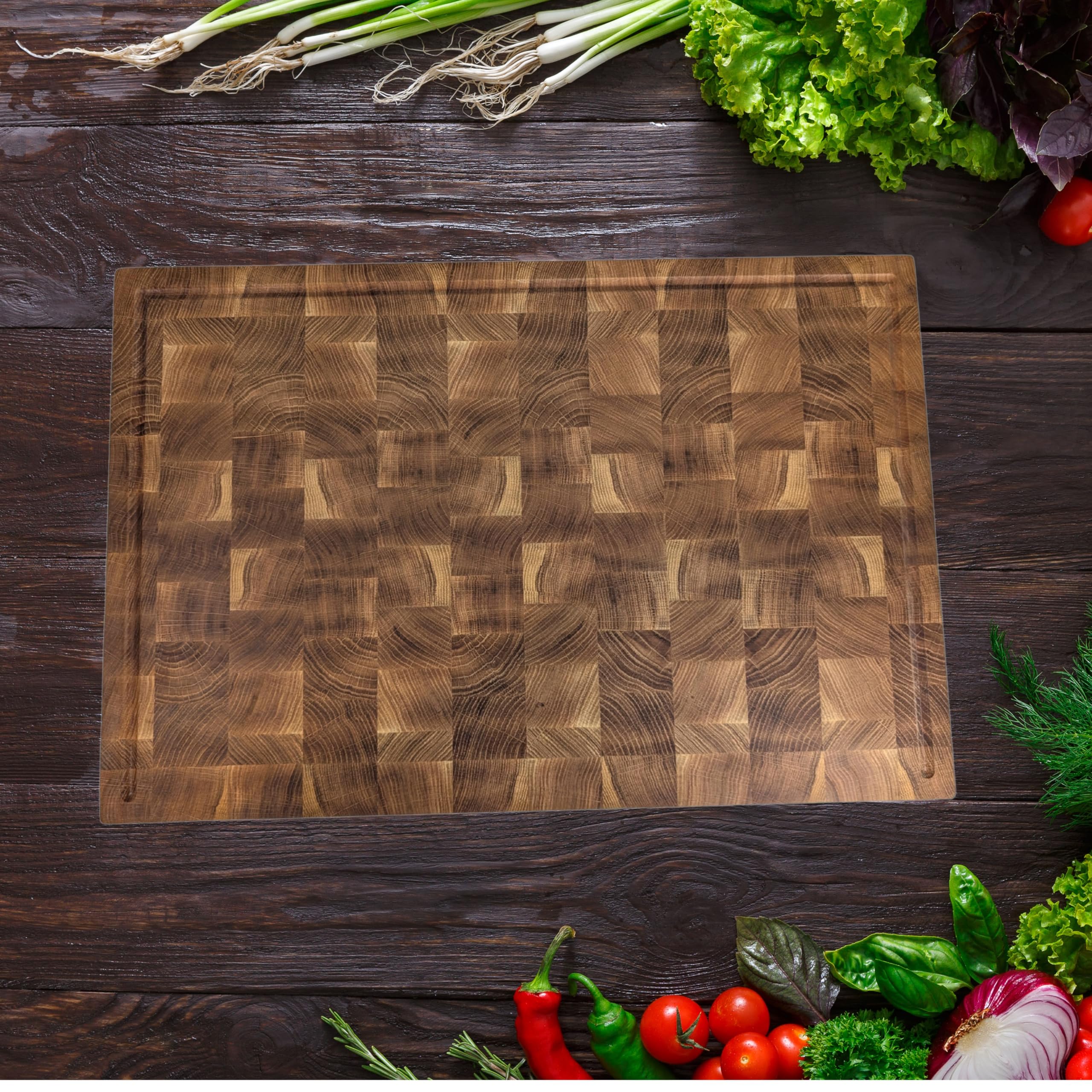 Hackblock Premium Stirnholz XXXL EXTRA Groß Brett Eiche 60x40x6 cm – Tranchierbrett aus Eichenholz, mit Saftrillen, Rutschfeste Füße, Langlebiges Küchenbrett, Stirnholzbrett, Holzbrett