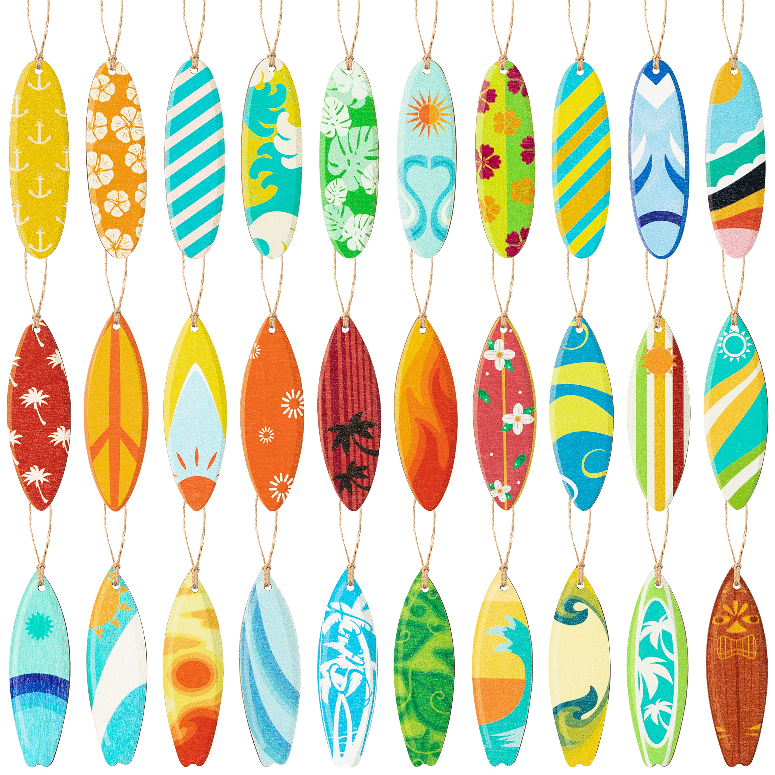 Haooryx Summer Surfboard Surfing Hanging Wooden Ornaments Decorations - 31Pcs Surf Board Shaped Beach Signs Wood Ornament with String for Home Summer Hawaiian Beach Luau Tropical Party Favors Supplies