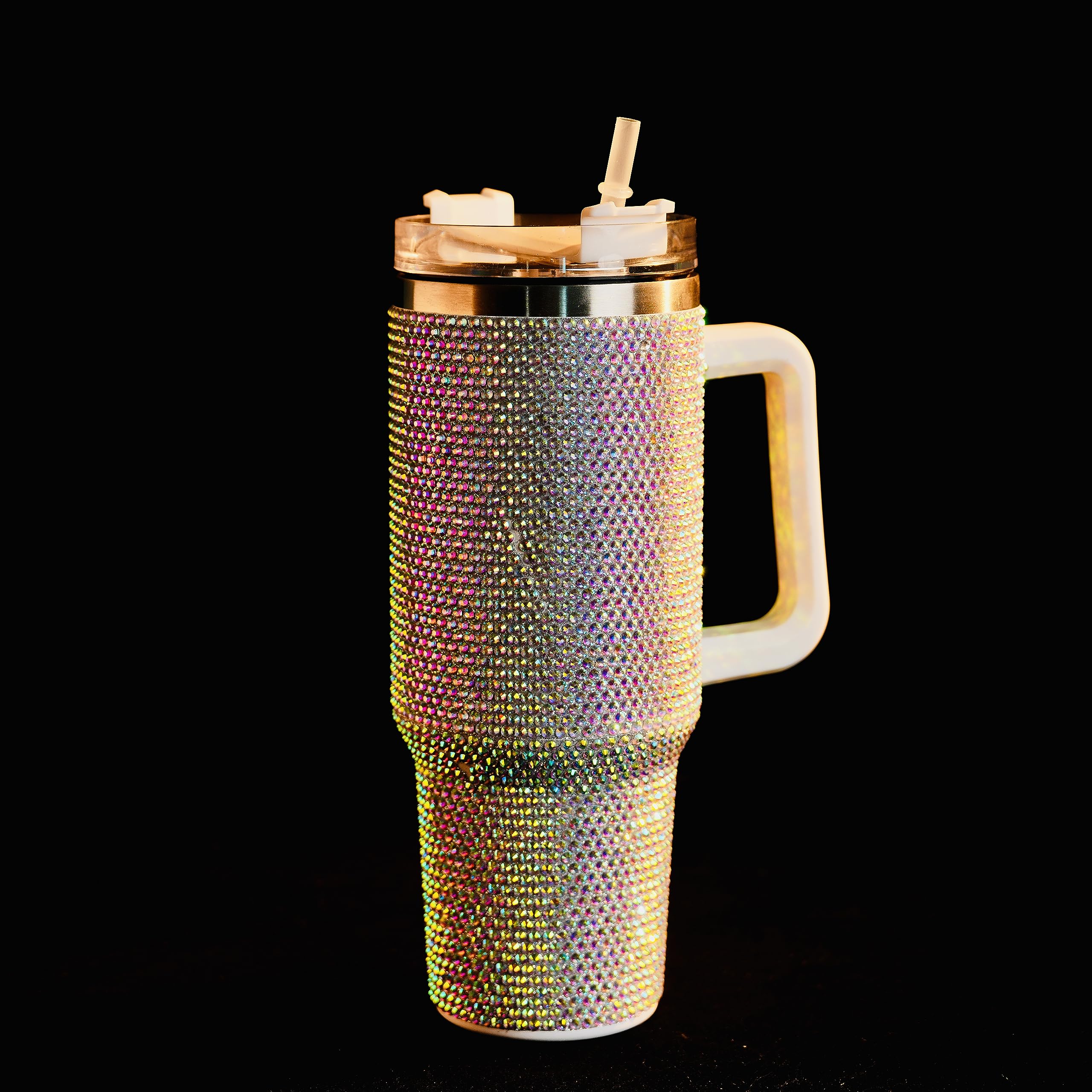 Glitzernder Becher mit Griff, Strasssteine, Becher mit Deckel und Strohhalm, isoliert, Edelstahl, doppelwandig, Wasserbecher, Reisebecher für Damen, 1,2 l, glänzend, 1,2 l