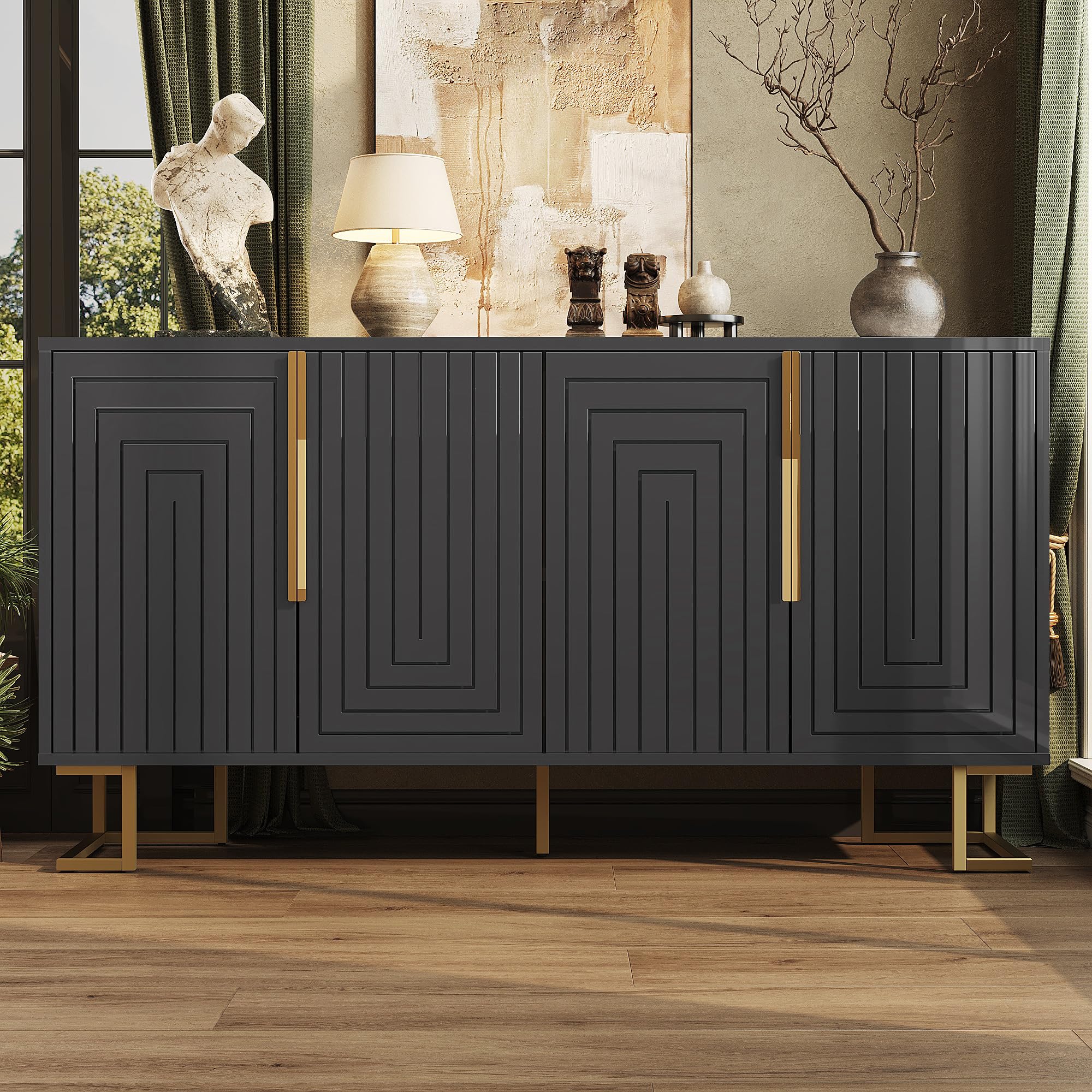 FammyLoft Black Sideboard Cabinet with Storage, Modern Buffet Cabinet with Doors & Shelves, Geometric Design with Gold Handles & Legs, Space-saving Sideboard for Living Room, Dining Room