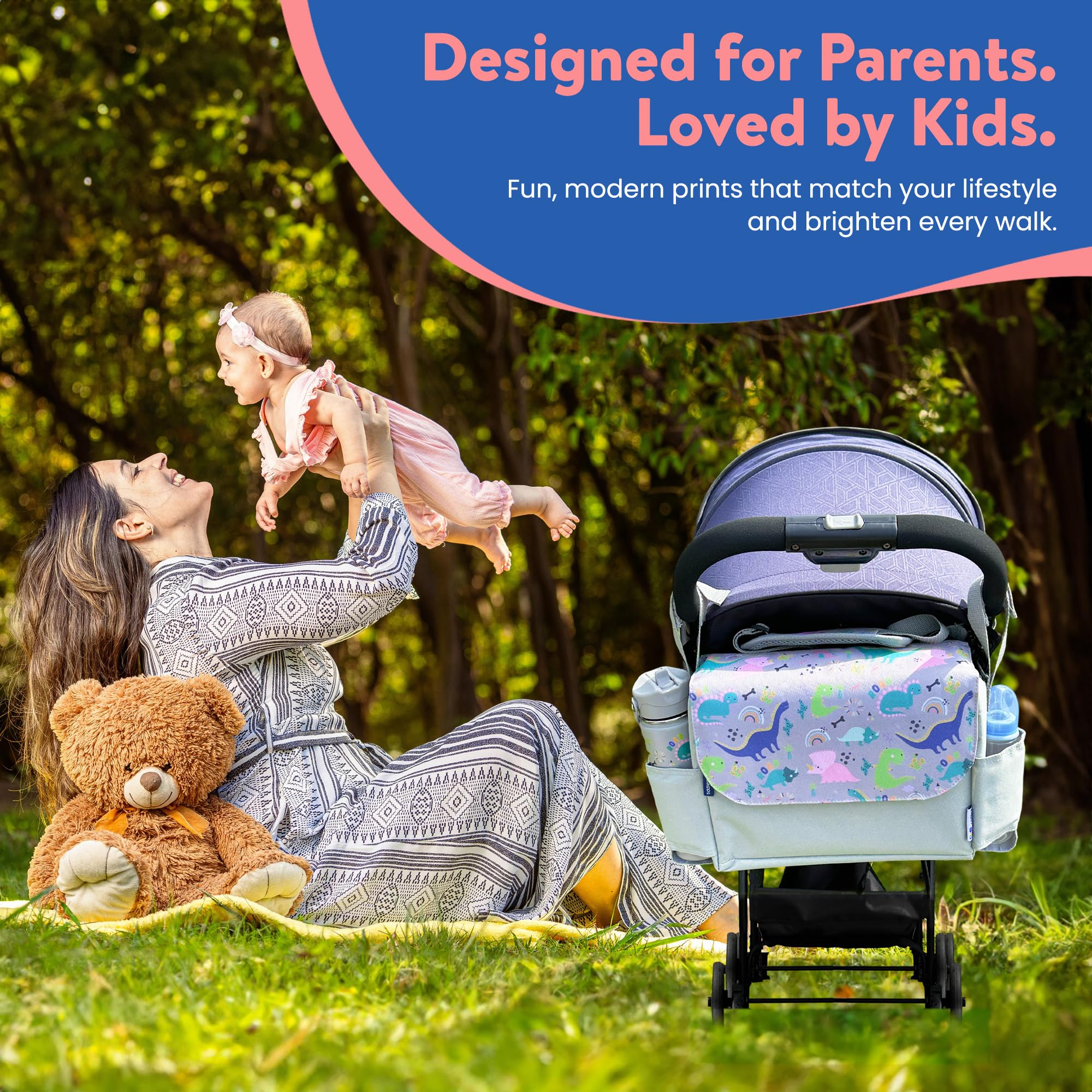 Tiddlers & Nippers Tiddler Sac de rangement universel pour poussette – Grande capacité avec 2 porte-gobelets et 2 compartiments (Dinky Dinos)