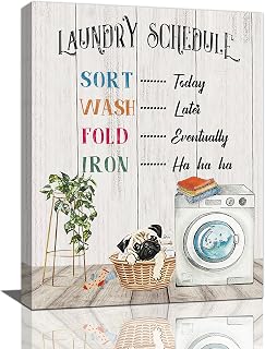 Farmhouse Laundry Wall Art Laundry Room Decor Canvas Art Country Laundry Schedule Prints Sign Painting Laundry Rules Accessories Bulldog Pictures Framed Artwork Home Decorations for Bathroom 12"x16"